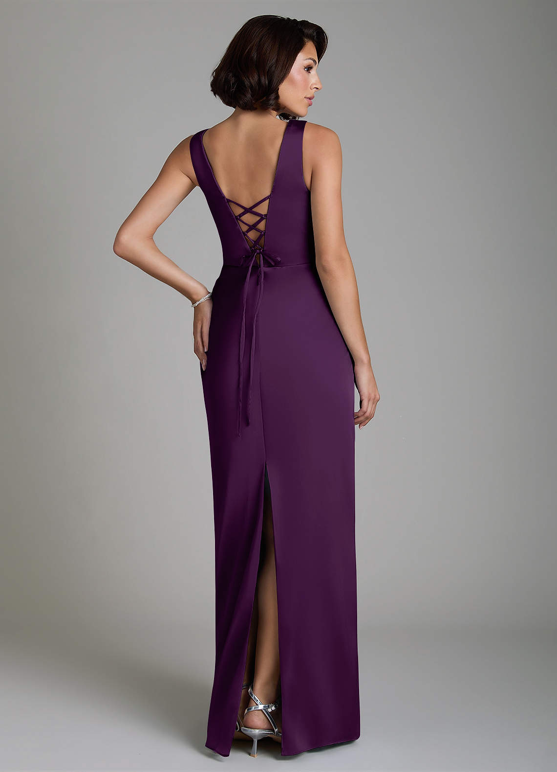 Vanya Sheath V-Neck Stretch Satin Bridesmaid Dress in Grape
