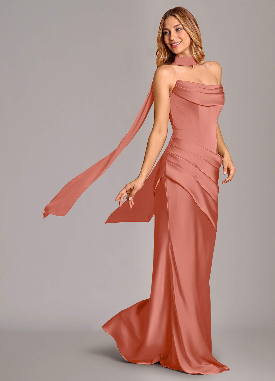 Pelagia Mermaid Cowl-Neck Stretch Satin Bridesmaid Dress in Salmon Pink