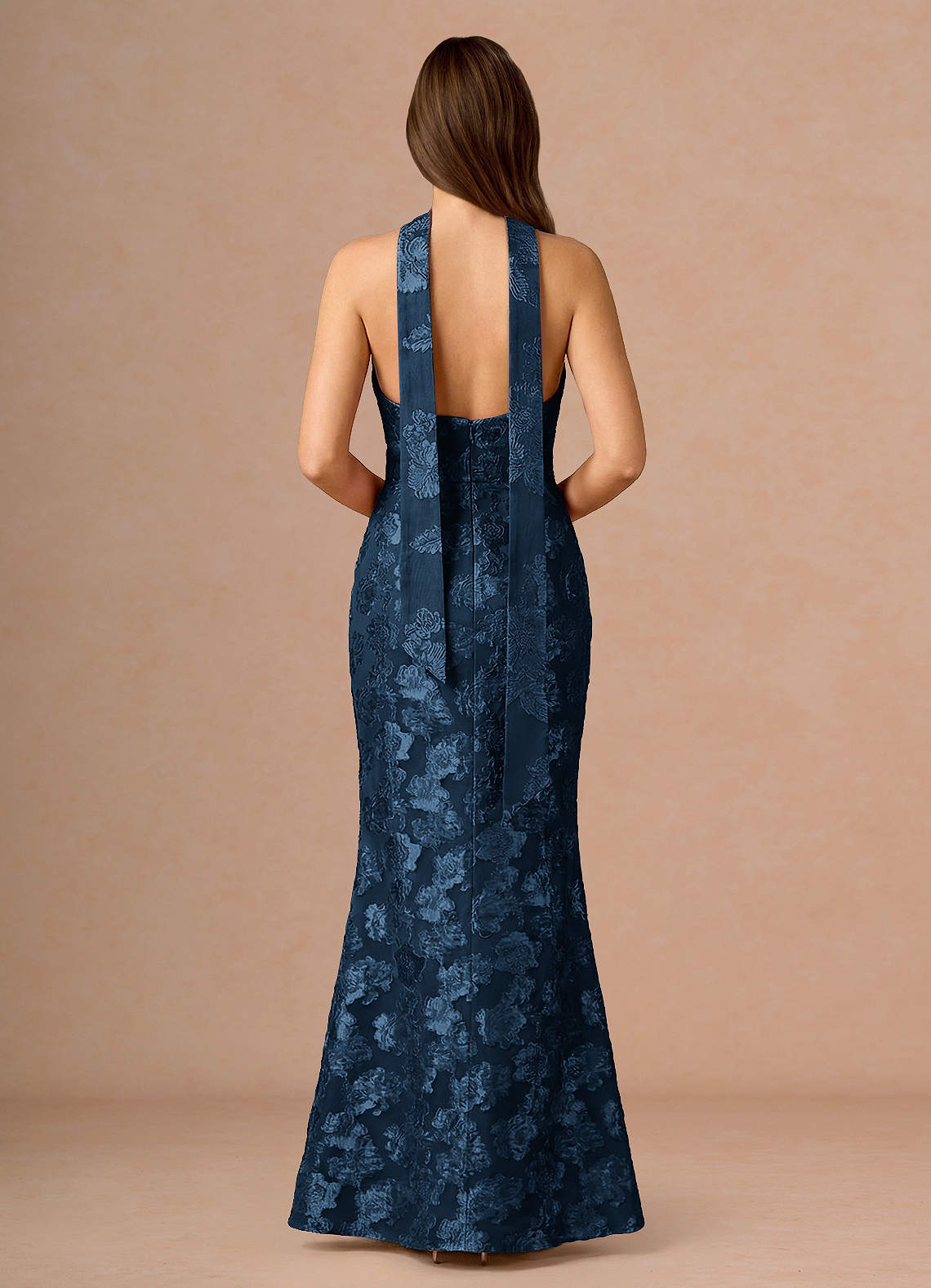 Valerie V-Neck Open-Back Fil Coupé Evening Dress in Navy