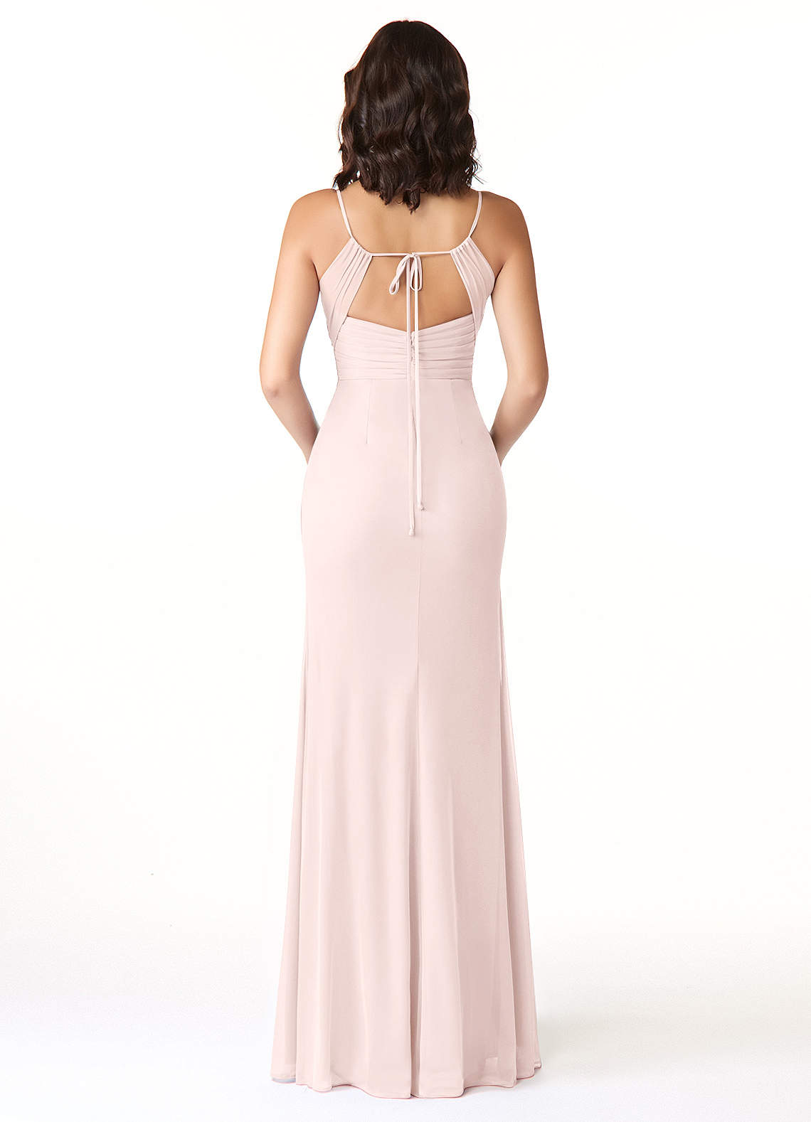Reneya Mermaid V-Neck Mesh Bridesmaid Dress in Blushing Pink