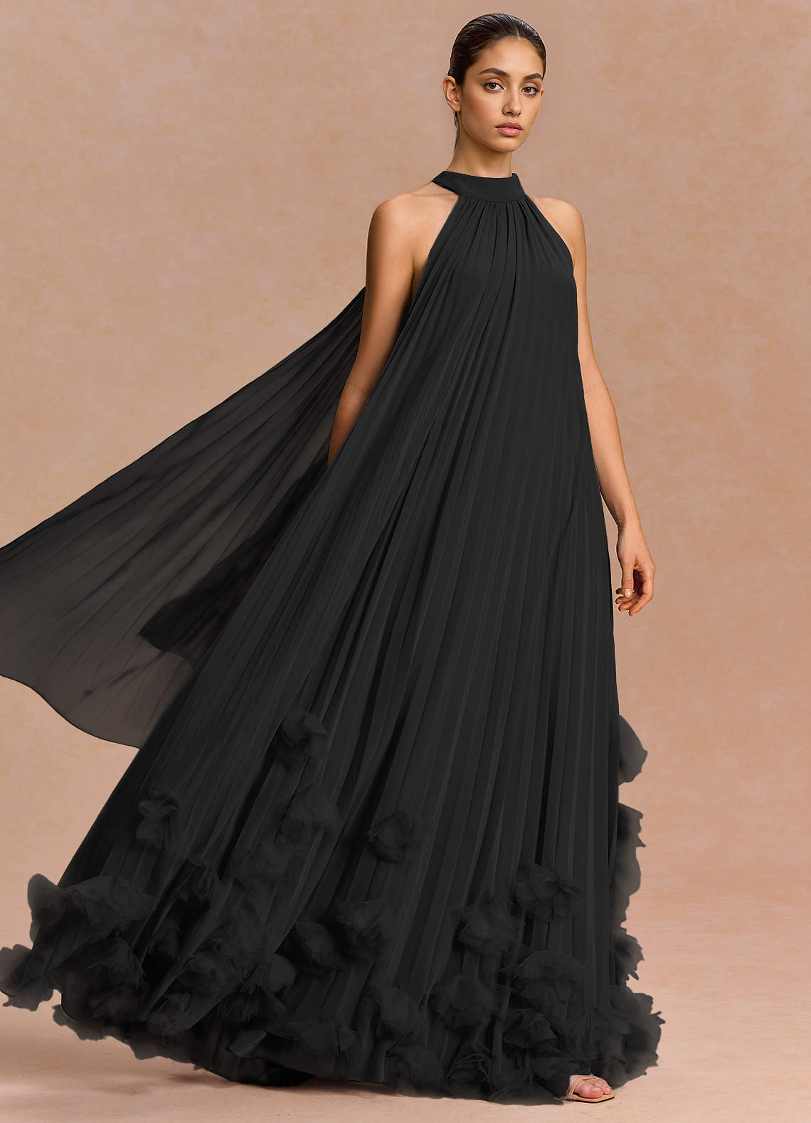 Lucette A-Line Halter Chiffon Evening Dress in black