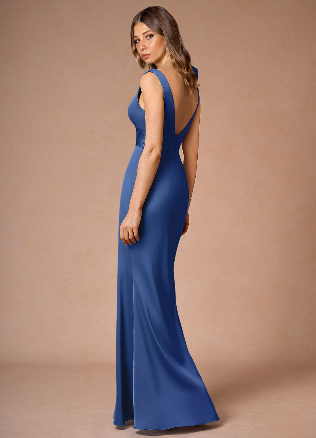 Parisa Column V-Neck Stretch Satin Evening Dress in Royal Blue