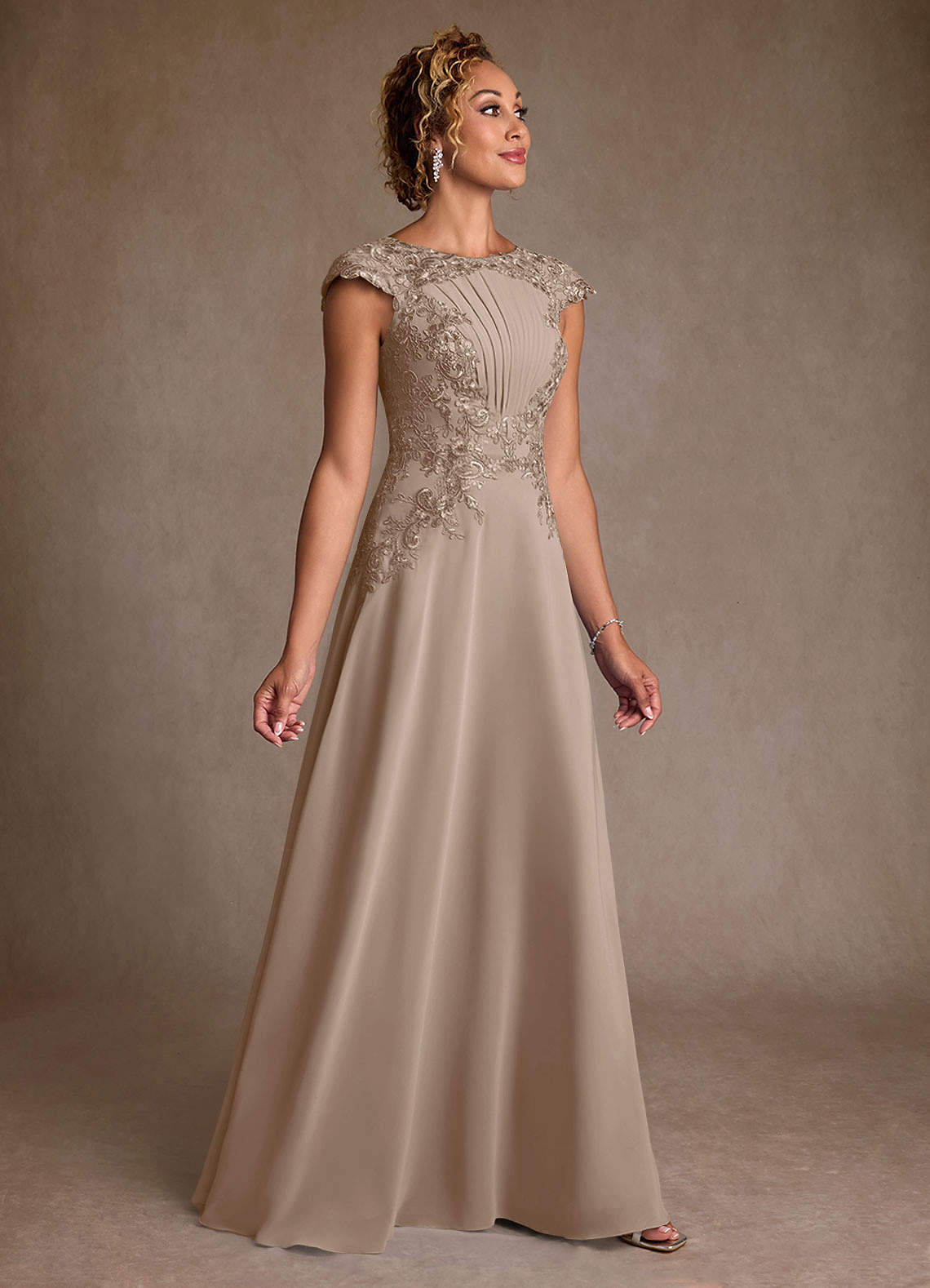 Christi A-Line Scoop-Neck Chiffon and Lace Mother of the Bride Dress in taupe