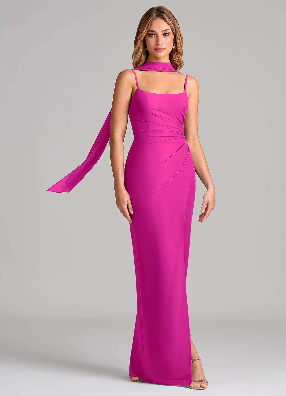 Calandra Sheath Scoop-Neck Chiffon Bridesmaid Dress in Fuchsia