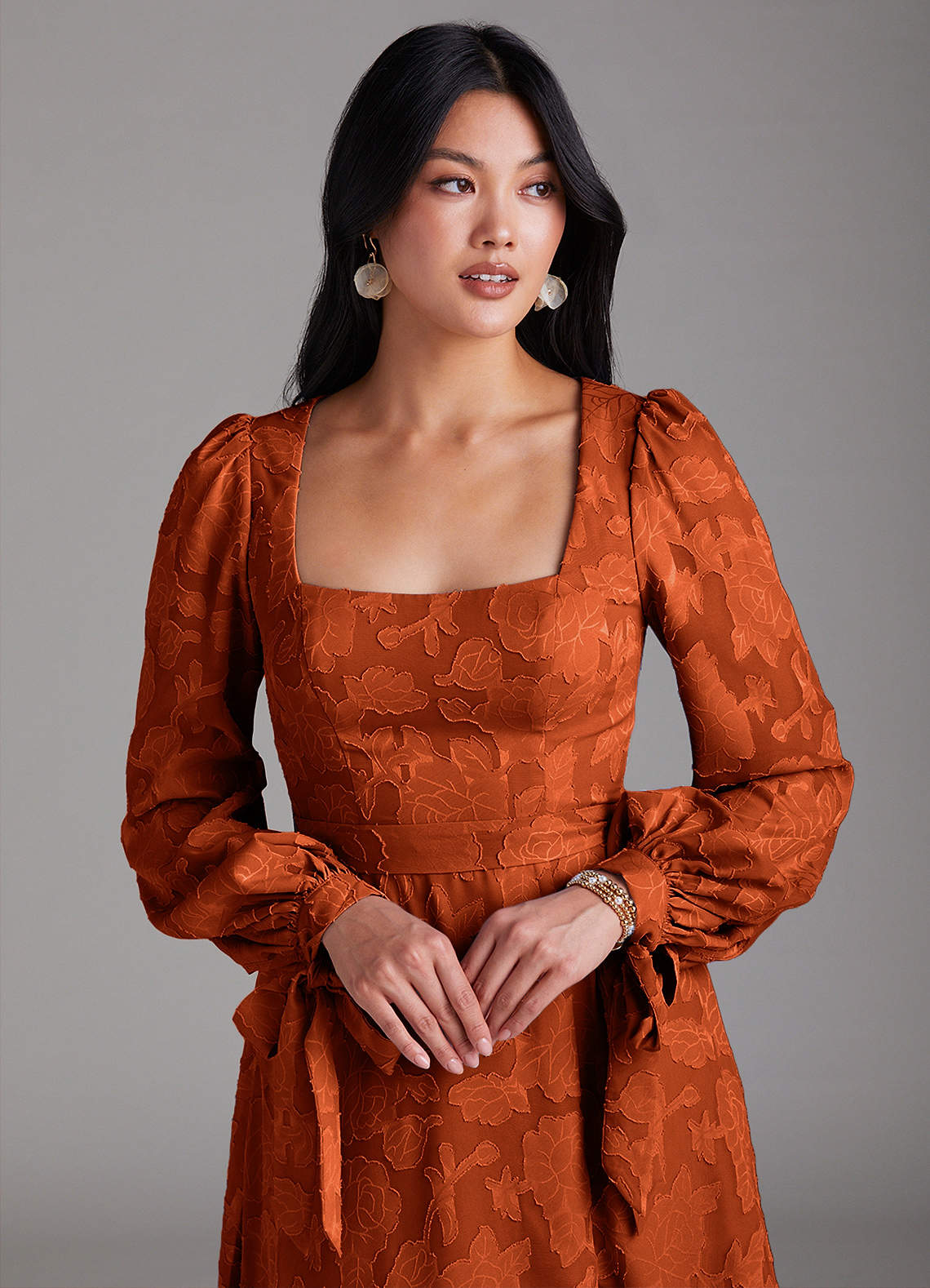 Leonia A-Line Square-Neck Stretch Satin Bridesmaid Dress in Paprika