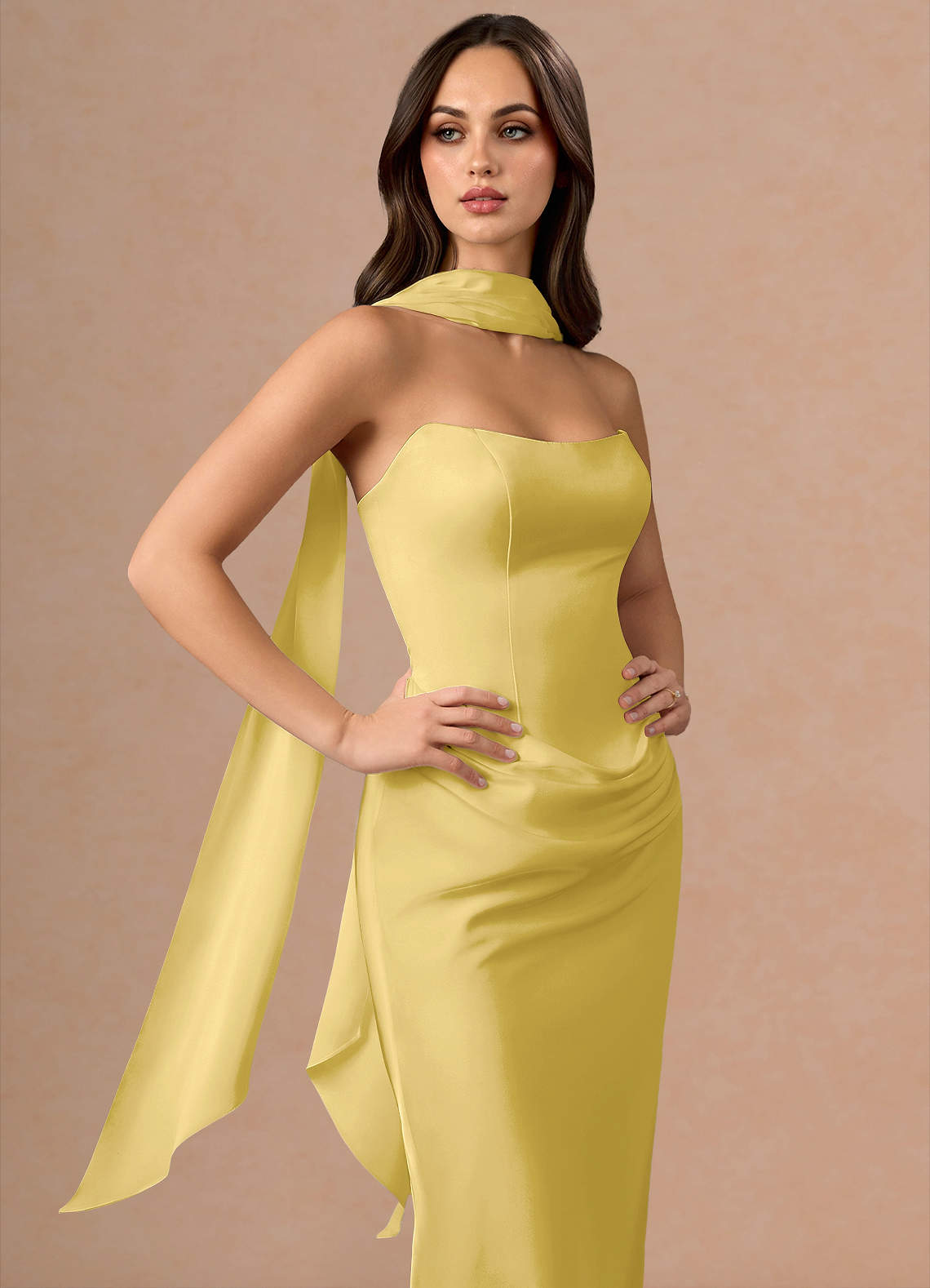 Valencia Scarf Lace-Up Stretch Satin Evening Dress in Pastel Yellow