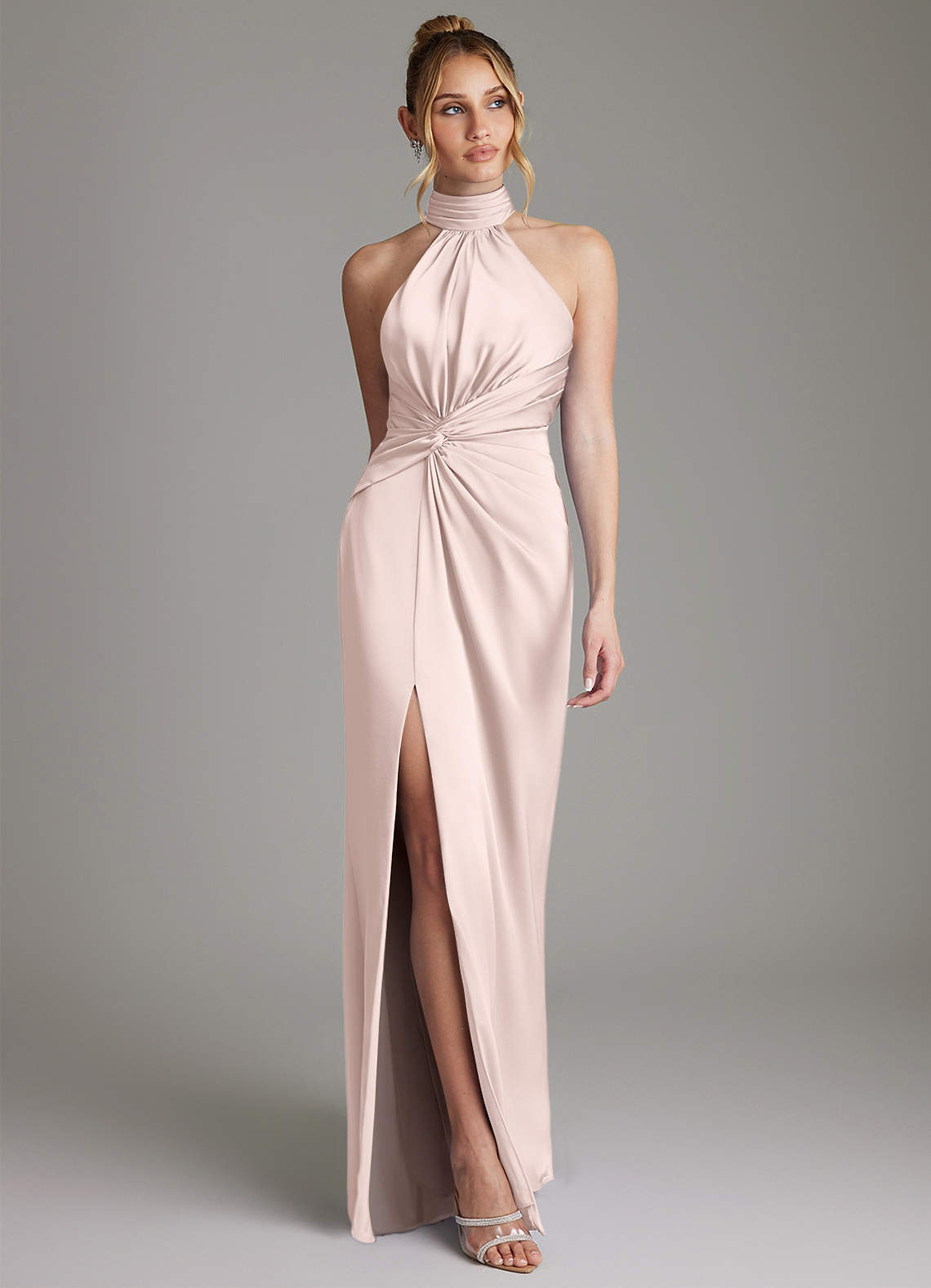 Gracelynn Sheath Halter Stretch Satin Bridesmaid Dress in Blushing Pink