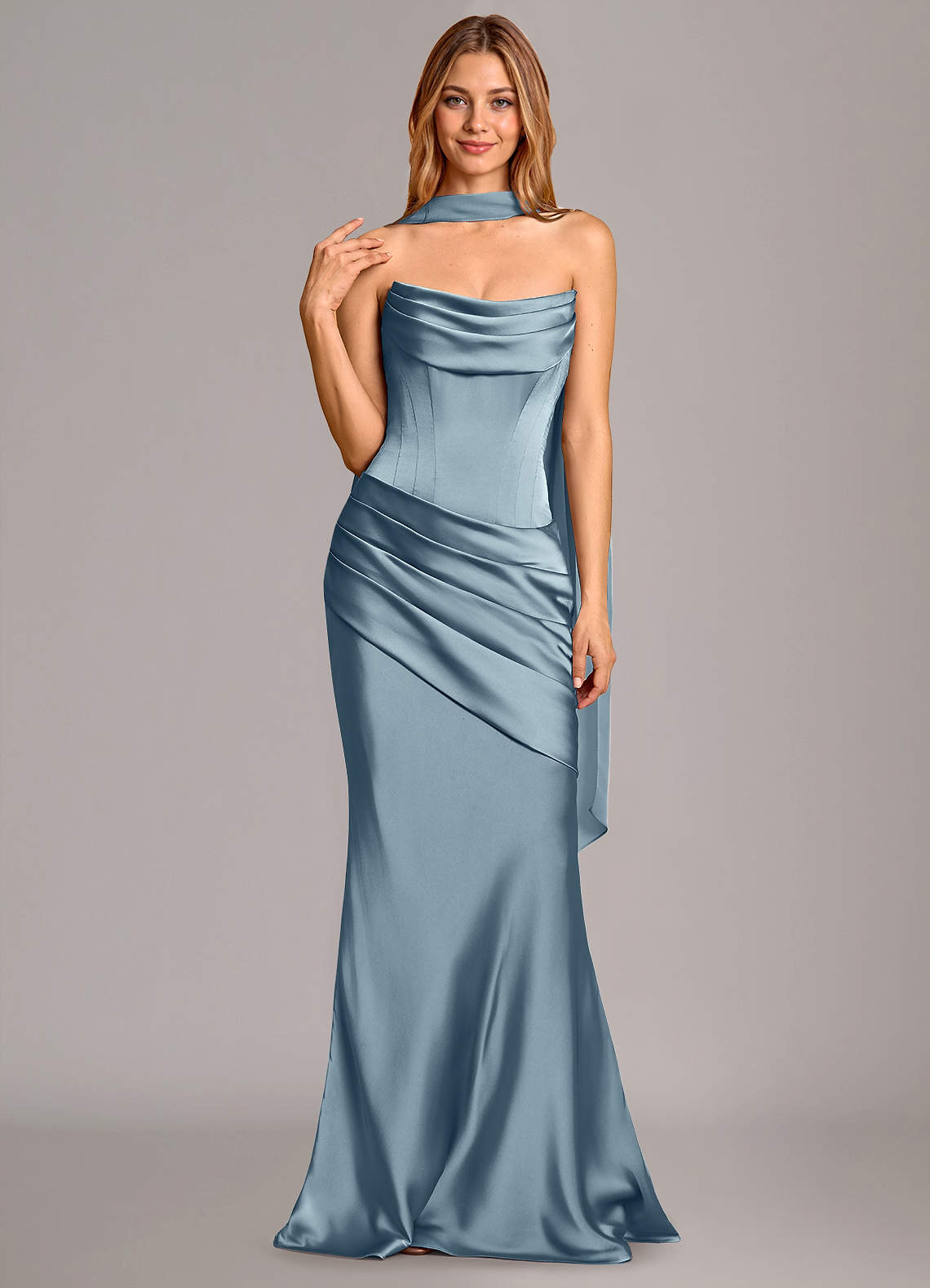 Pelagia Mermaid Cowl-Neck Stretch Satin Bridesmaid Dress in dusty blue