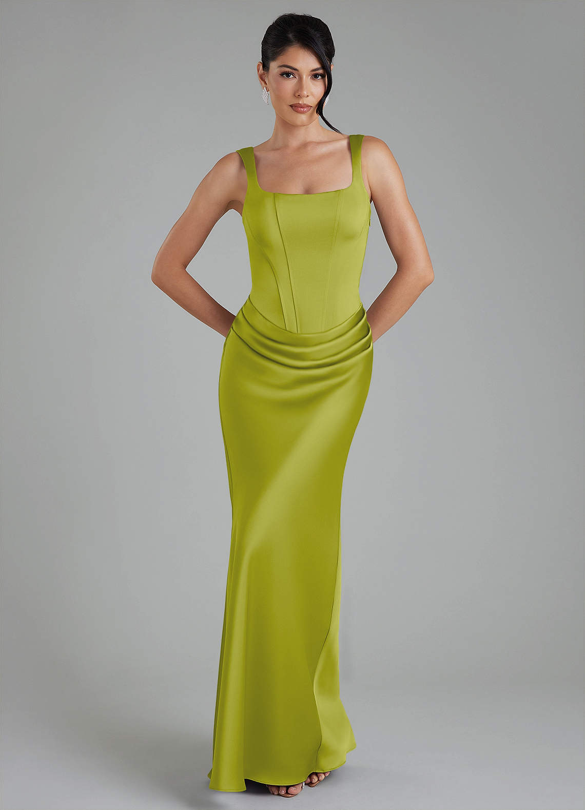 Etta Mermaid Square-Neck Stretch Satin Bridesmaid Dress in Lemongrass
