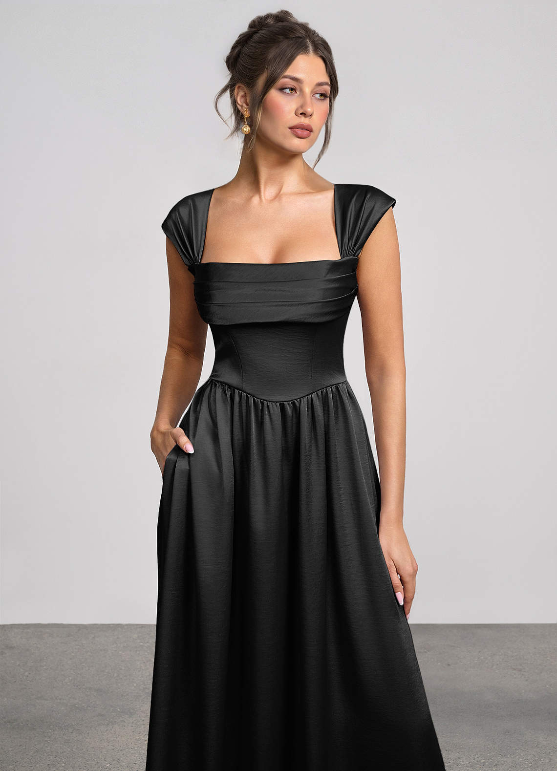 Odette A-Line Corset Luminous Satin Evening Dress in black
