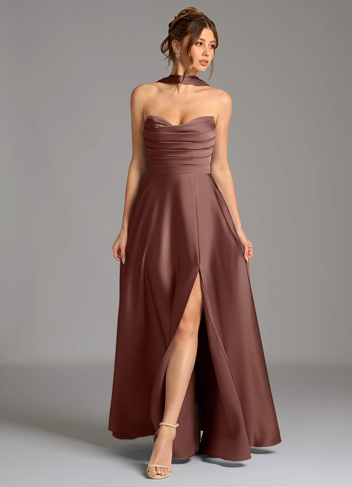 Ayla A-Line Sweetheart Stretch Satin Bridesmaid Dress in Espresso