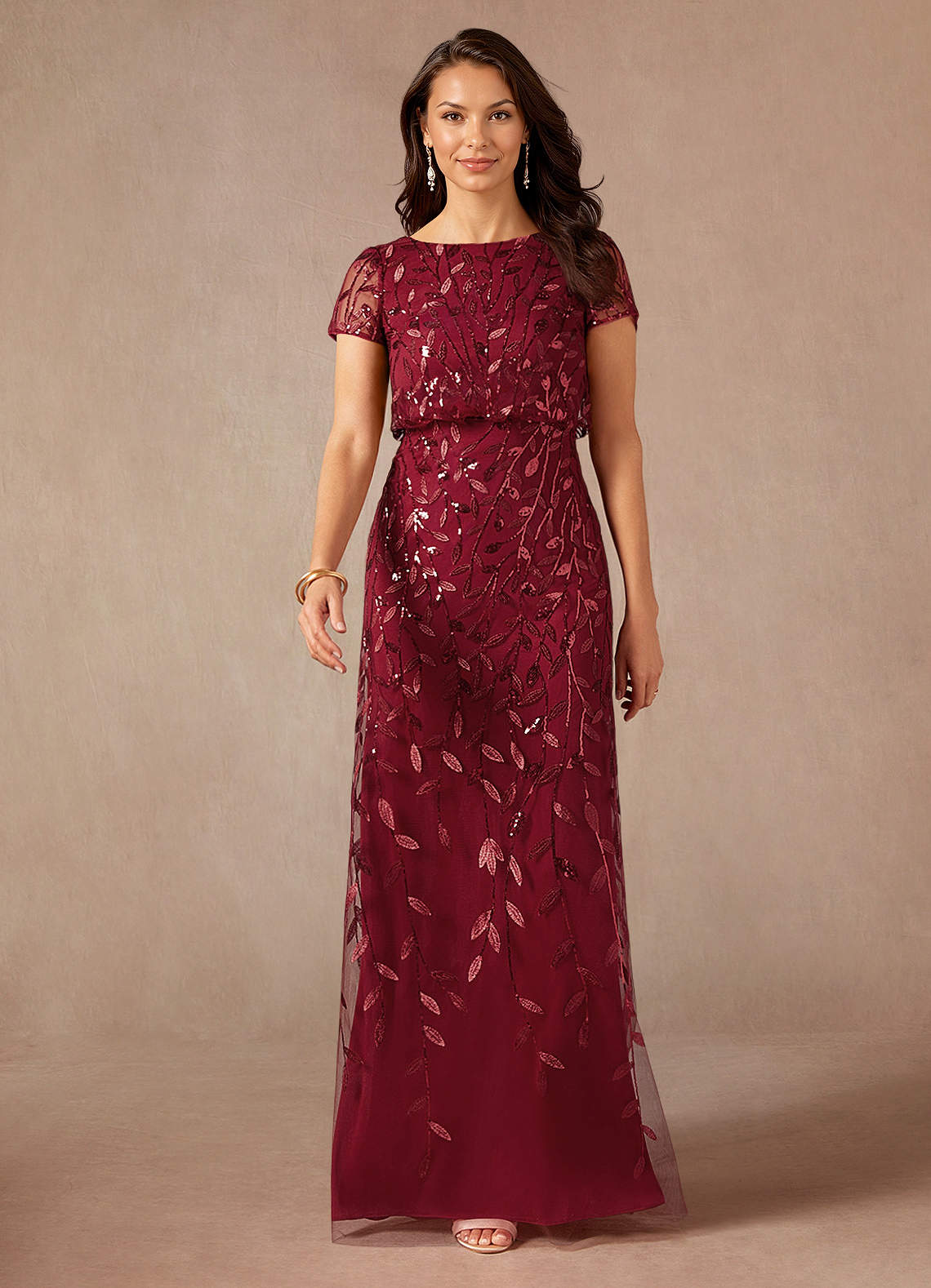 Lehi A-Line Boat-Neck Sequined Tulle Mother of the Bride Dress in Cabernet