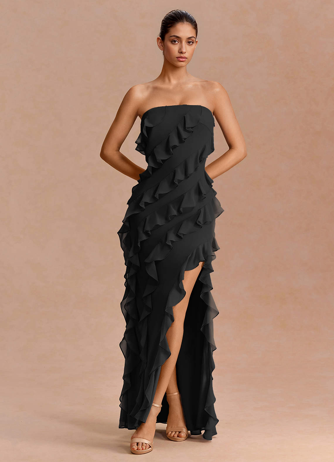 Eira A-Line Ruffle Chiffon Evening Dress in black