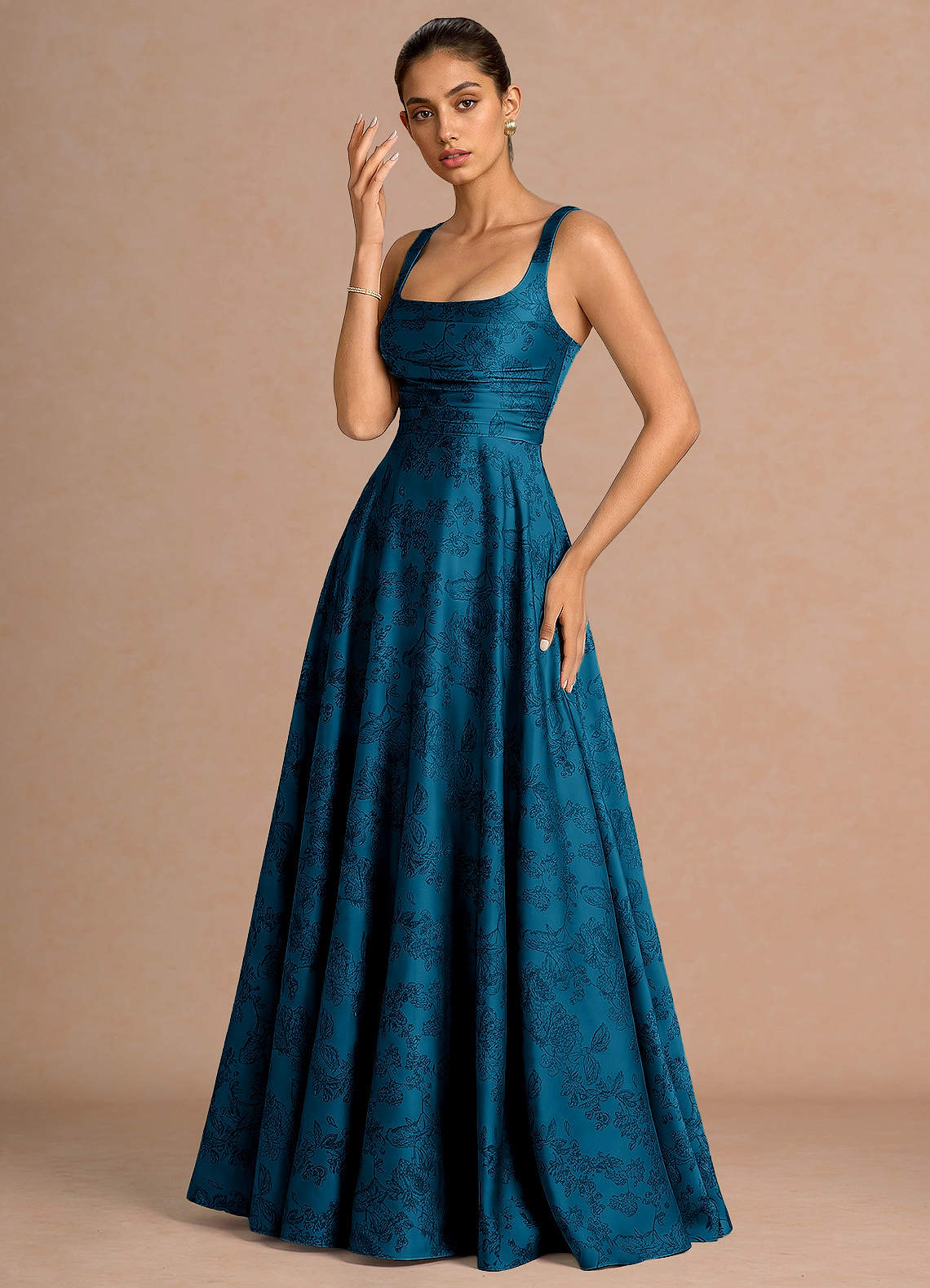 Azaria A-Line Square-Neck Jacquard Evening Dress in Navy Black