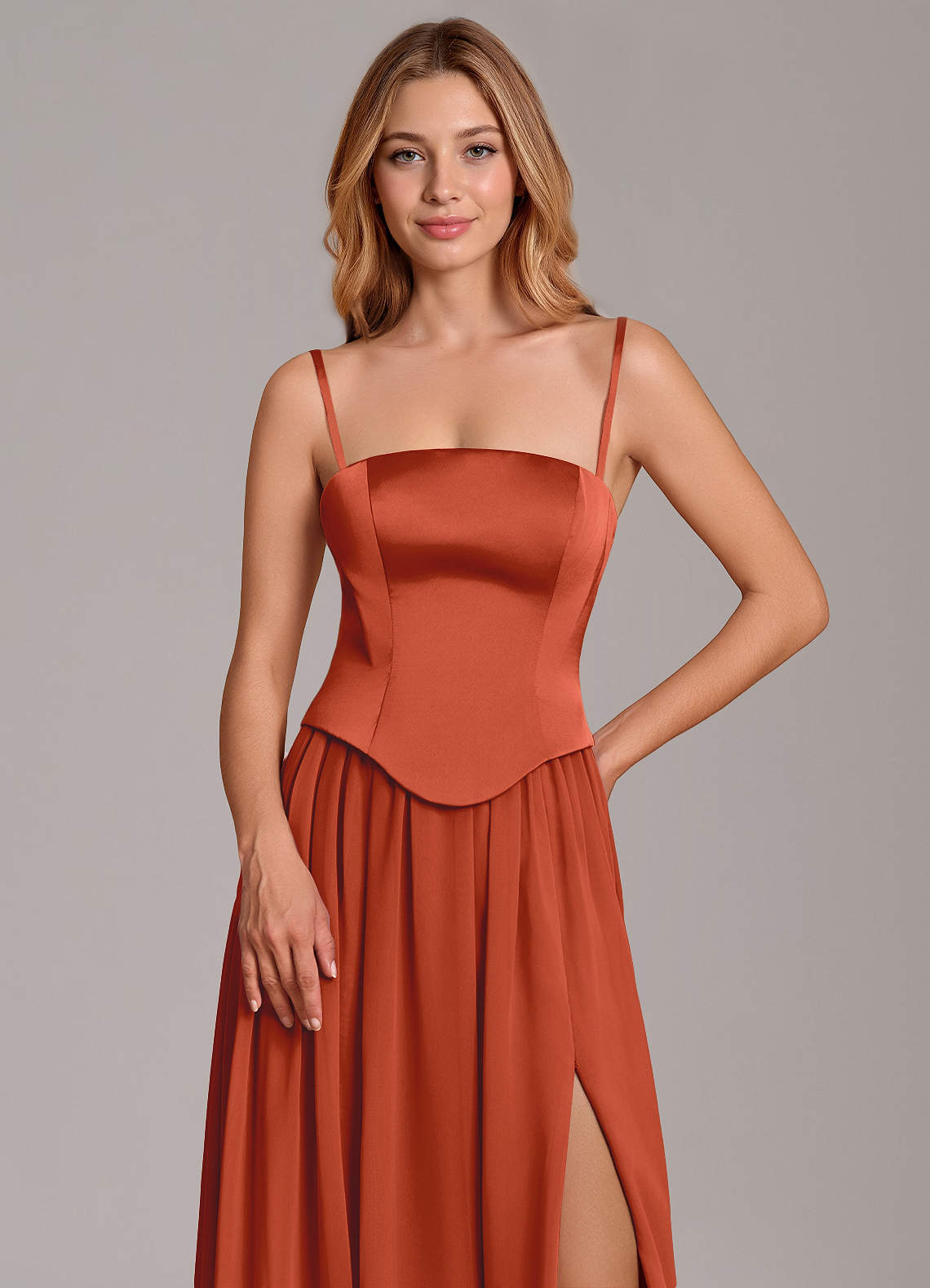 Cadence A-Line Strapless Chiffon and Stretch Satin Bridesmaid Dress in Rust