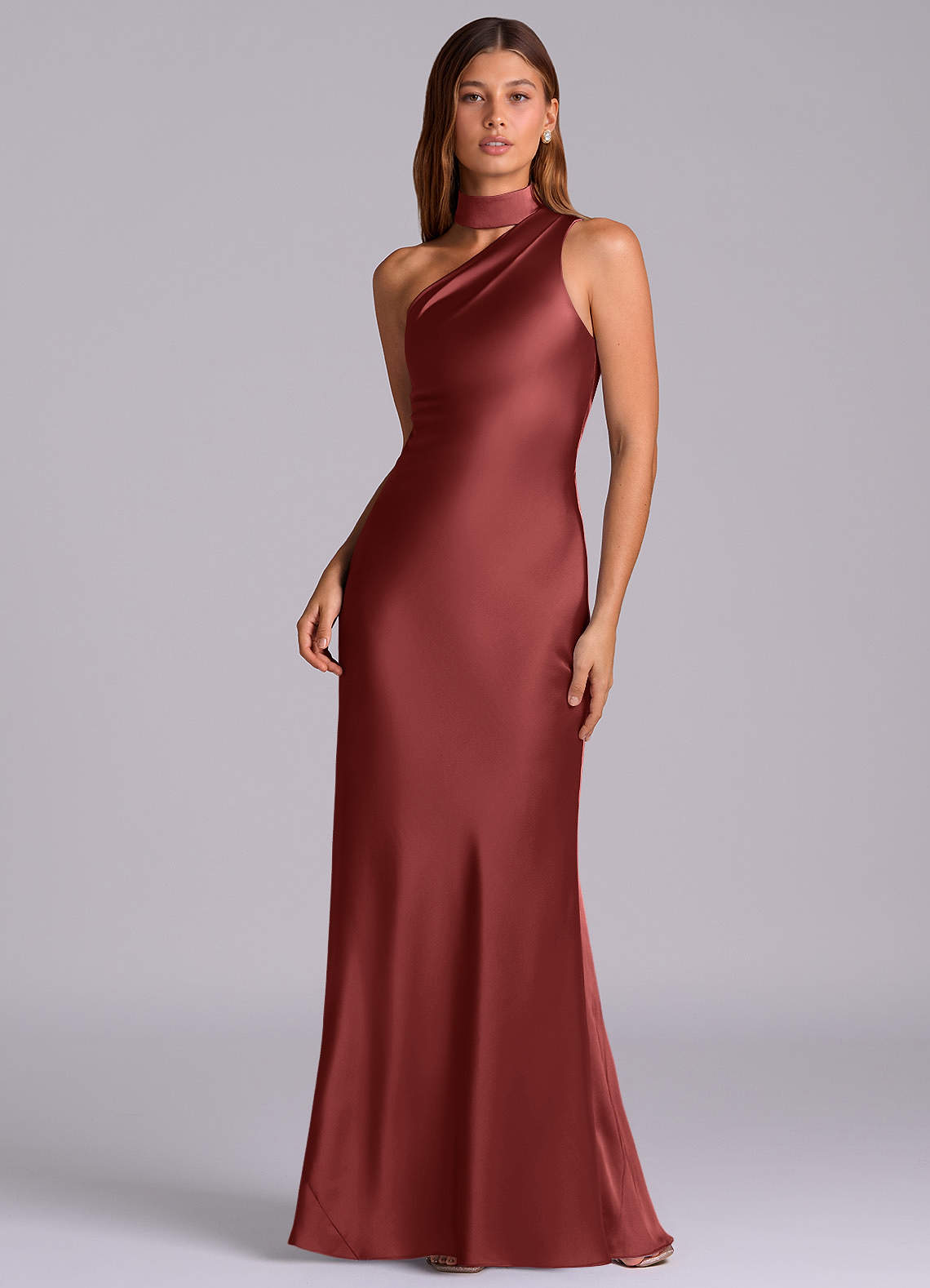 Seona Mermaid One-Shoulder Stretch Satin and Tulle Bridesmaid Dress in Terracotta