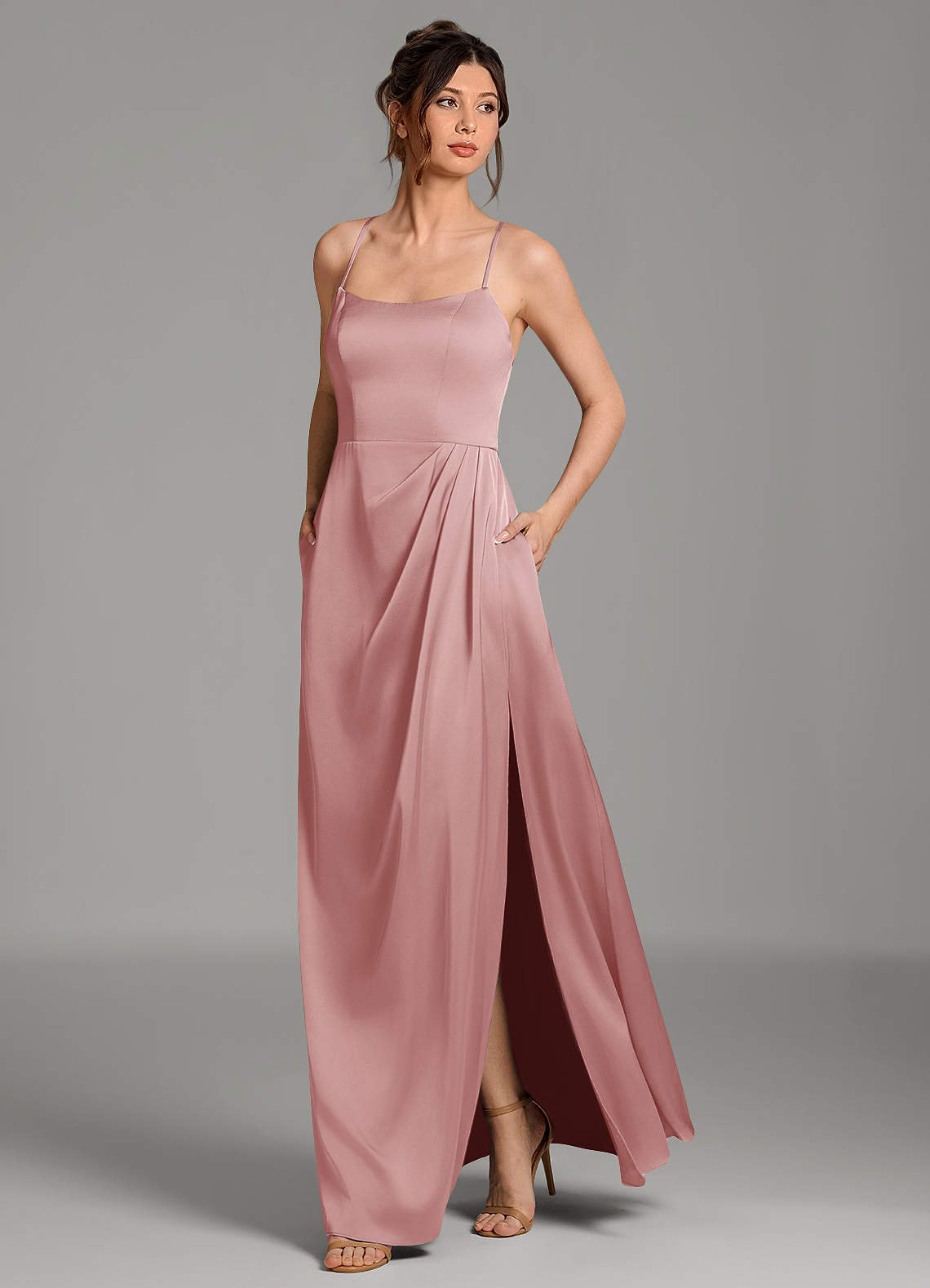 Frankie A-Line Scoop-Neck Stretch Satin Bridesmaid Dress in dusty rose