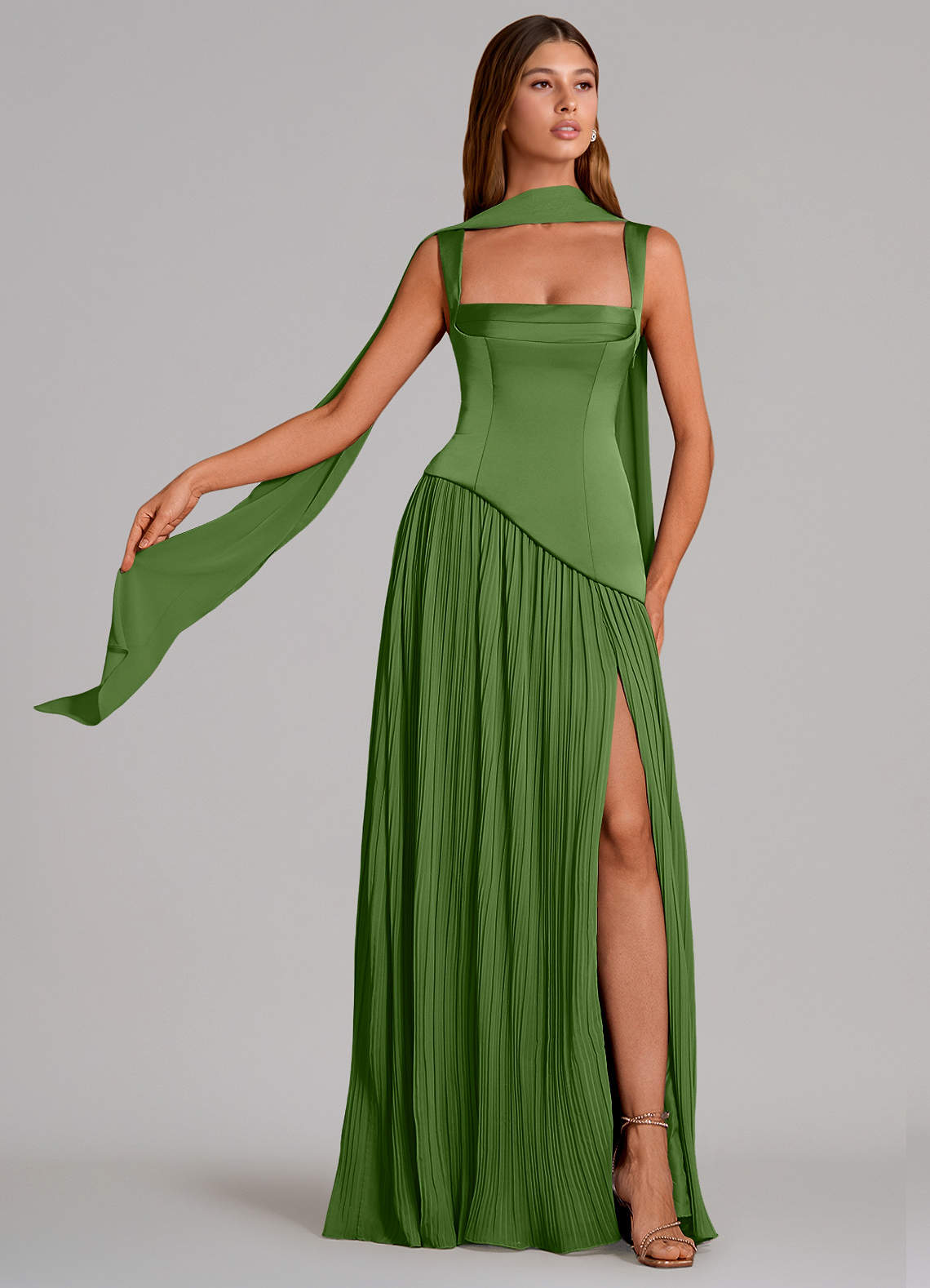 Stephanie A-Line Square-Neck Stretch Satin and Chiffon Bridesmaid Dress in Basil