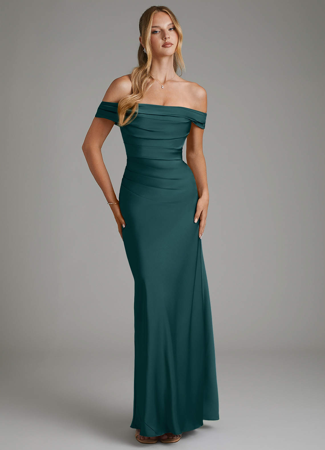 Hayden Mermaid Off-the-Shoulder Stretch Satin Bridesmaid Dress in Pine