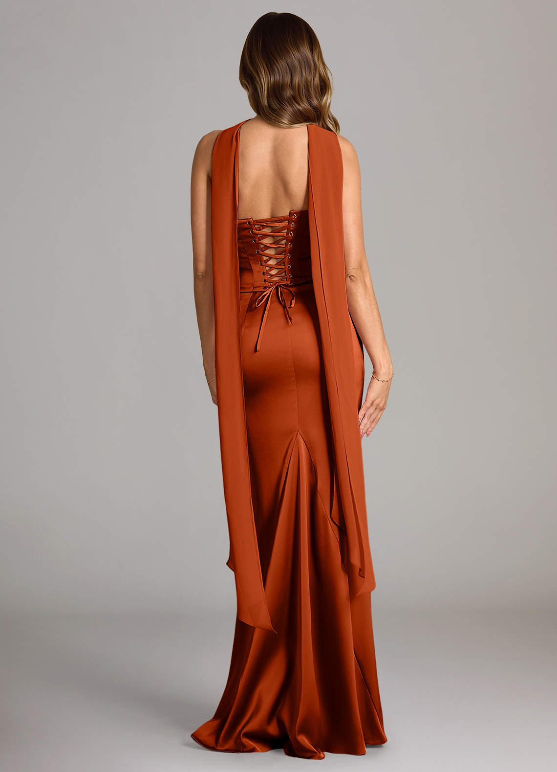 Sorrel Mermaid Cowl-Neck Stretch Satin and Chiffon Bridesmaid Dress in Paprika