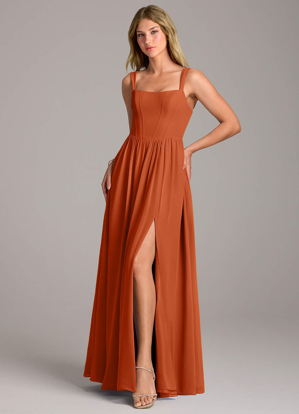 Rosaline A-Line Square-Neck Chiffon Bridesmaid Dress in Burnt Orange