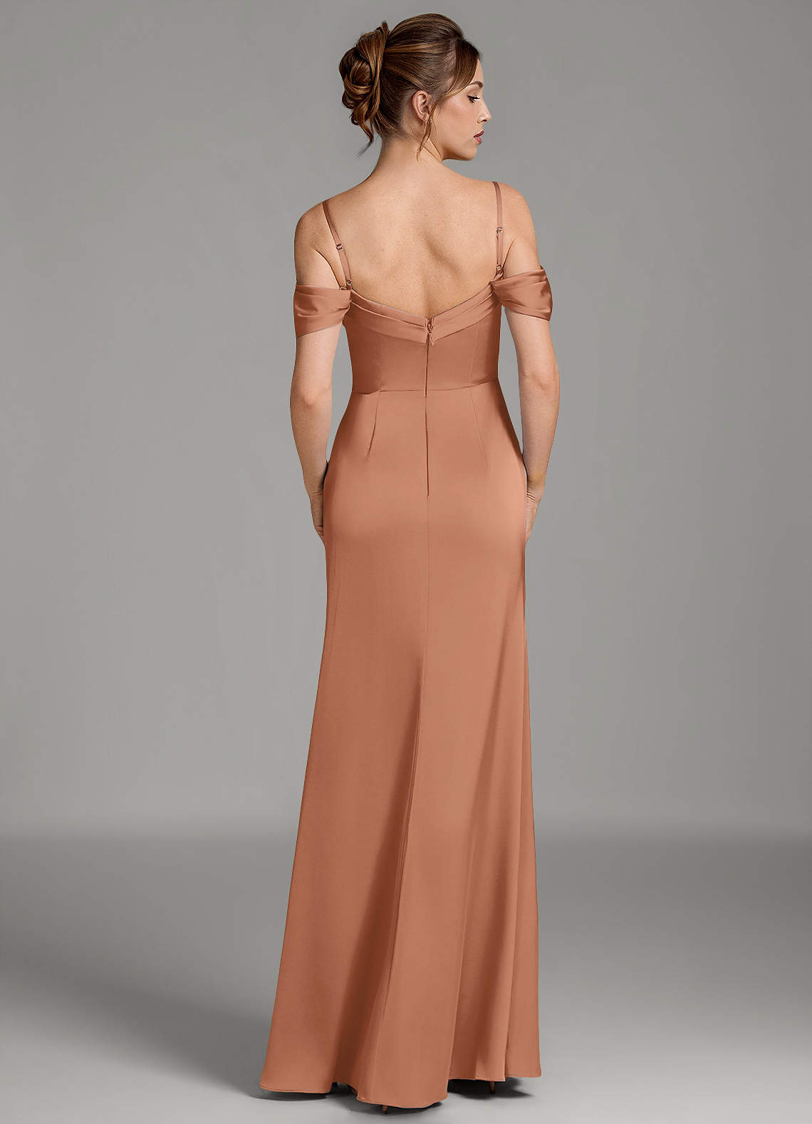 Wyatt Mermaid Off-the-Shoulder Stretch Satin Bridesmaid Dress in Bronzer