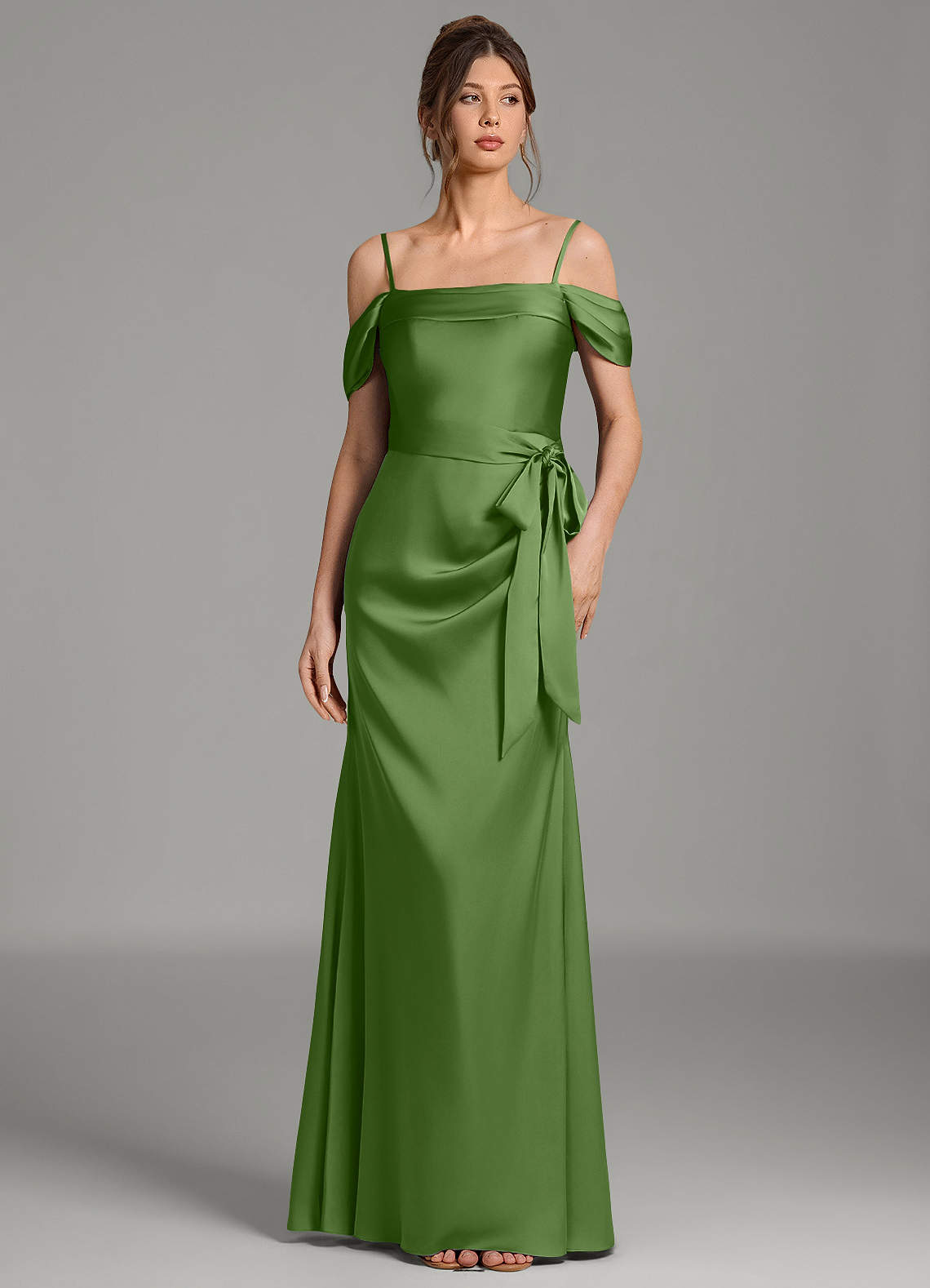 Wyatt Mermaid Off-the-Shoulder Stretch Satin Bridesmaid Dress in Basil
