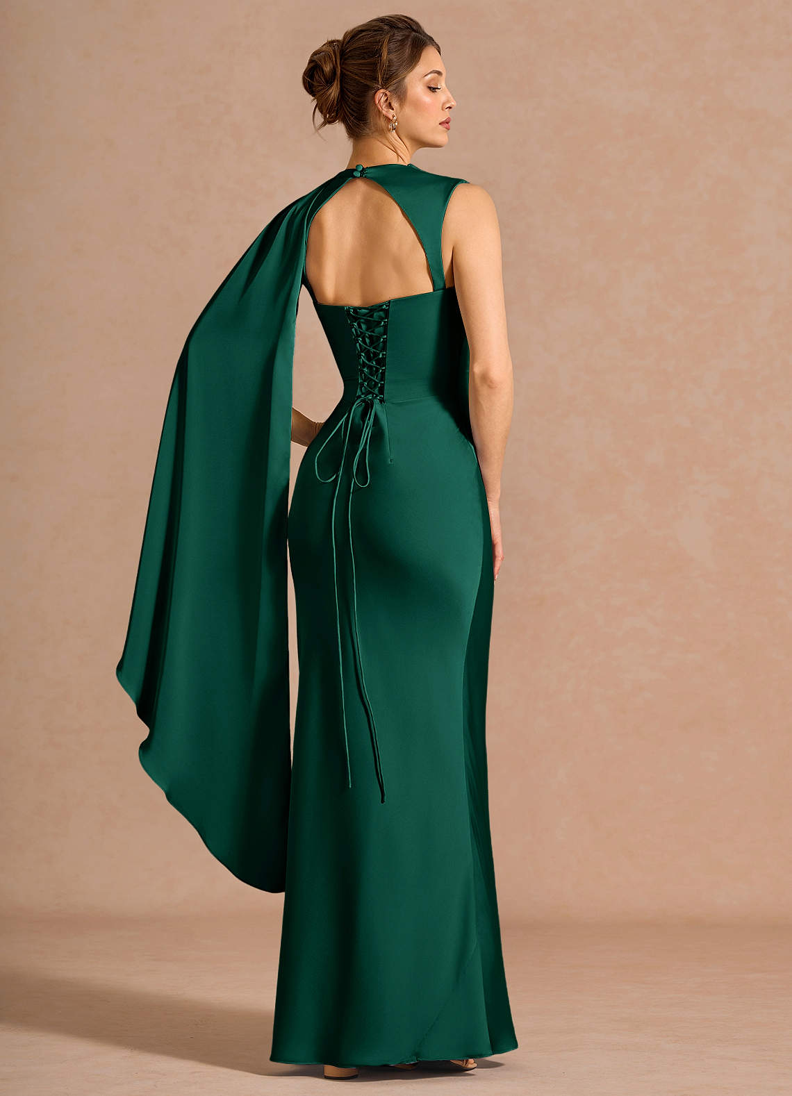 Chesney Cape-Sleeve Pleated Stretch Satin Wedding Guest Dress in Hunter Green