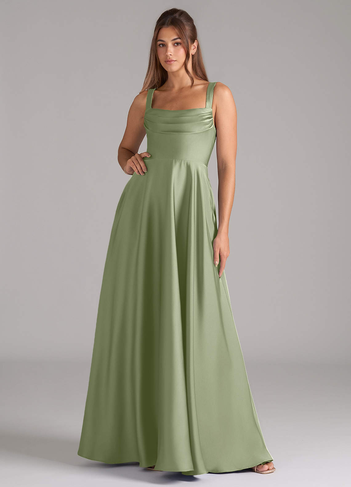 Shaude A-Line Square-Neck Stretch Satin Bridesmaid Dress in Pistachio
