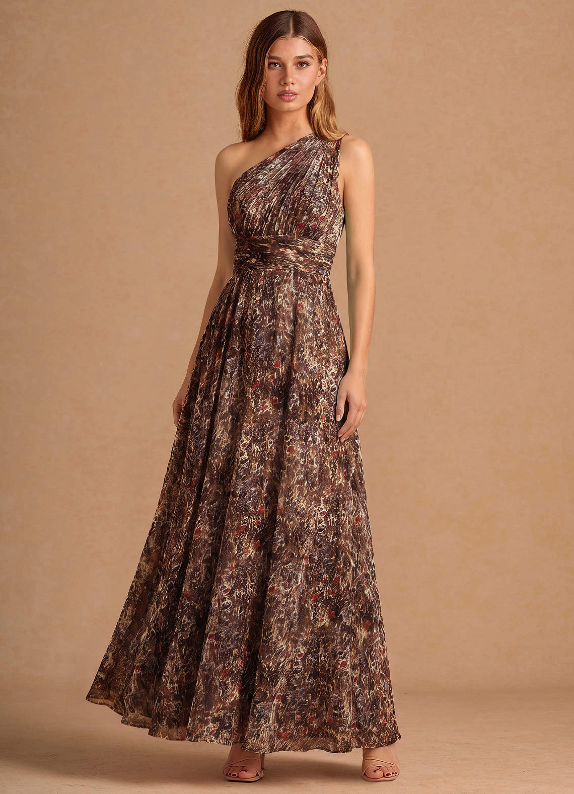 Noelle A-Line Twisted-Shoulder Chiffon Wedding Guest Dress in Truffle