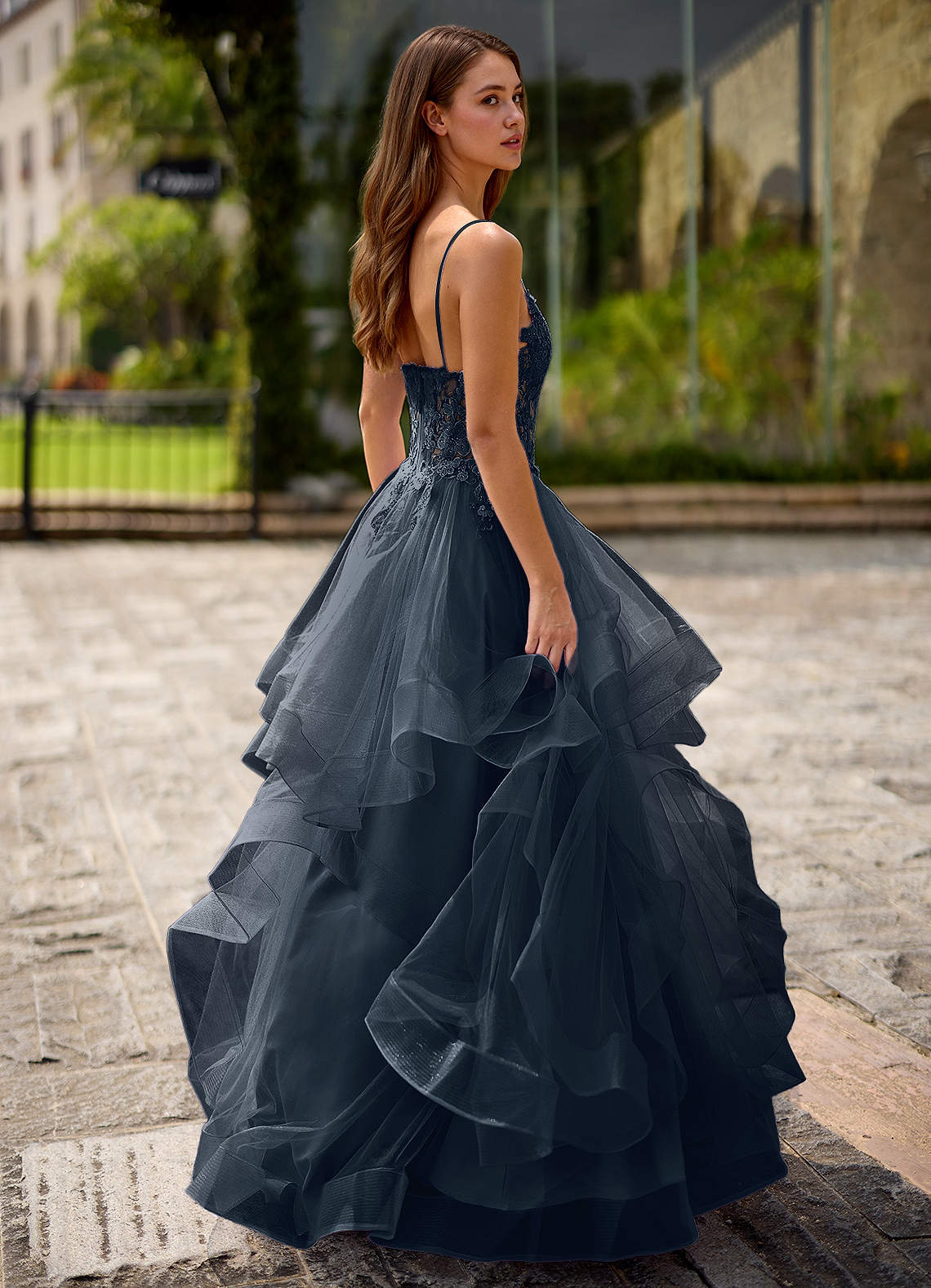 Spitze Ball Gown Sweetheart Lace Tulle Evening Dress in Navy