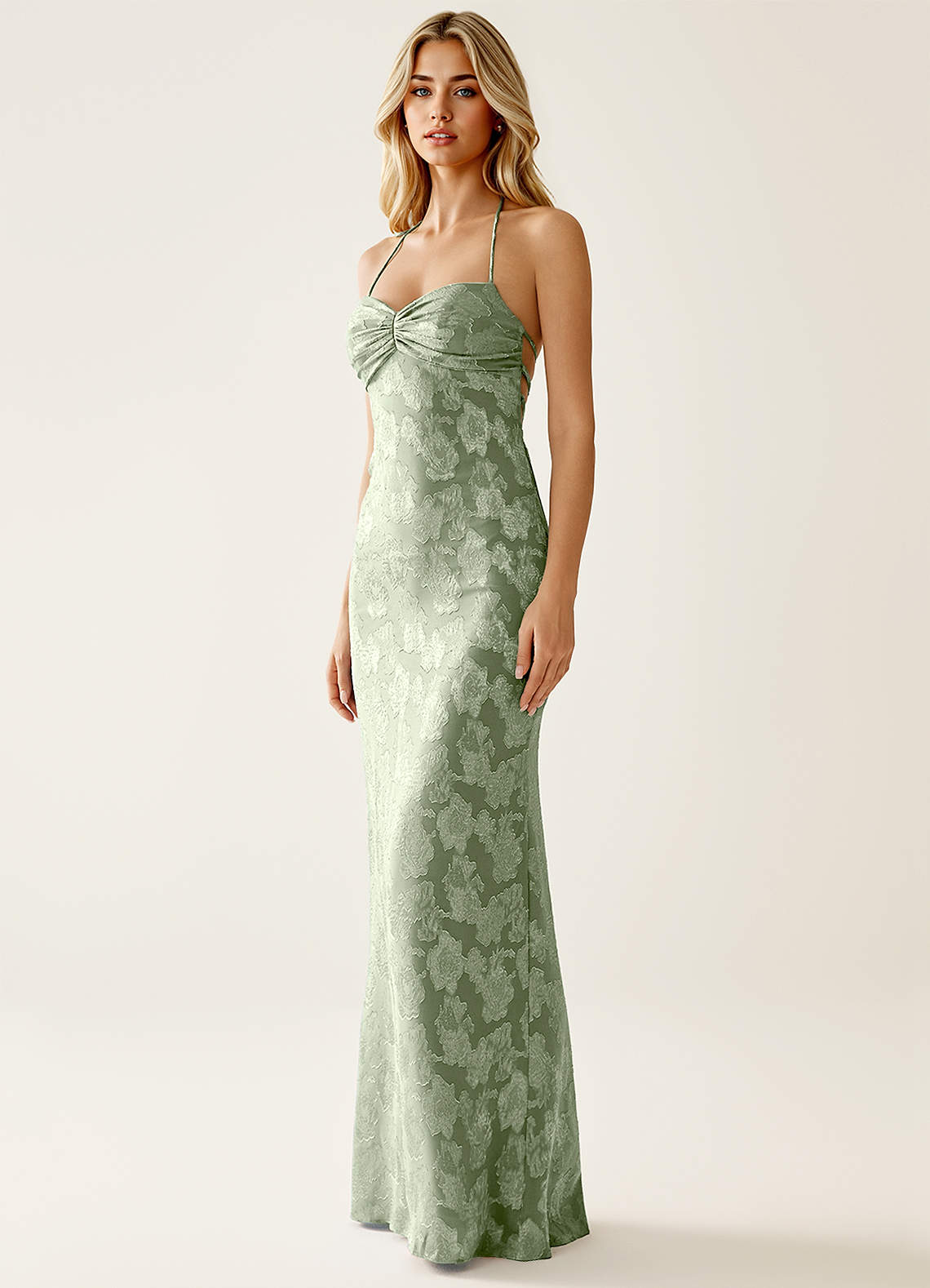 Angena Sheath Halter Floral Burnout Evening Dress in Light Green