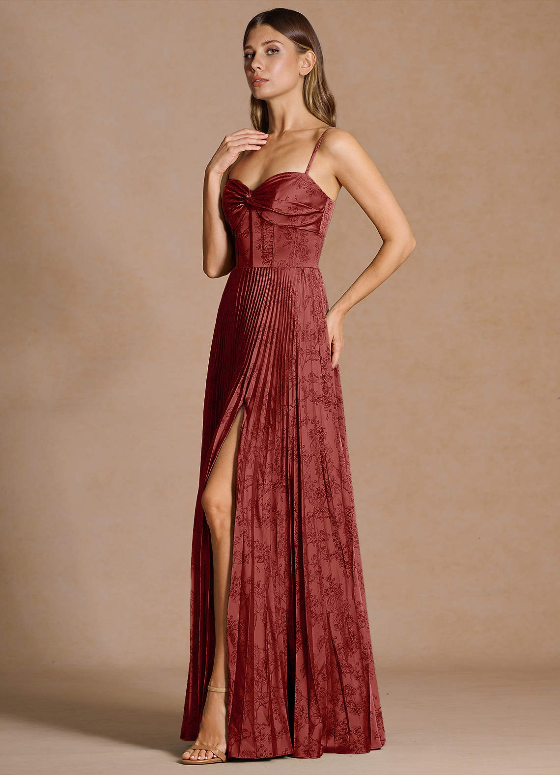 Vesper Pleated Knot-Neck Jacquard Wedding Guest Dress in Orange Red