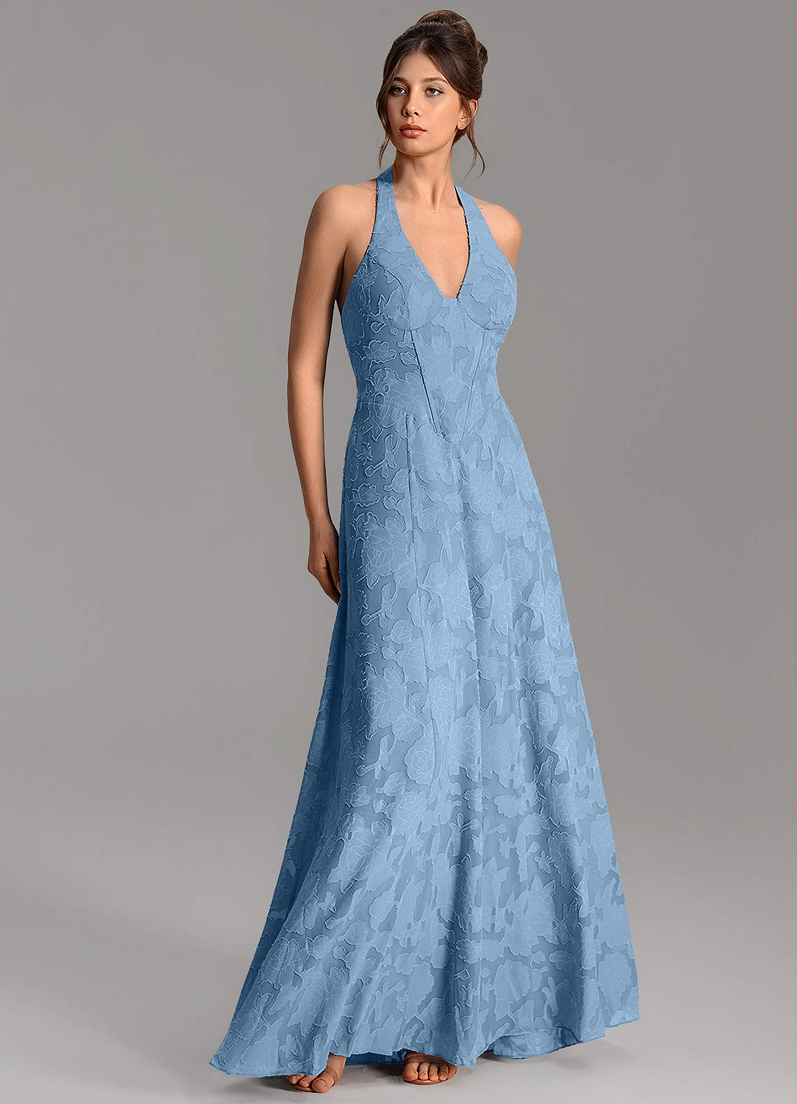 Nia A-Line V-Neck Floral Burnout Bridesmaid Dress in Steel Blue