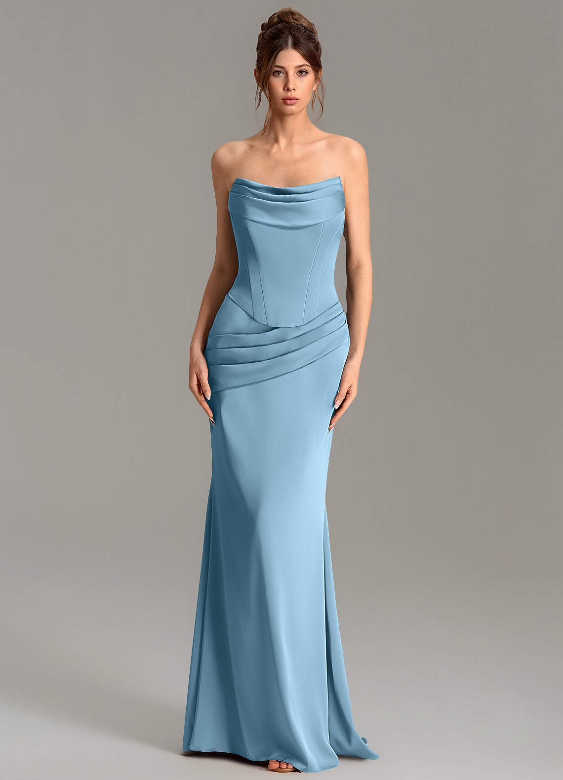 Adrienne Mermaid Cowl-Neck Stretch Satin Bridesmaid Dress in Steel Blue
