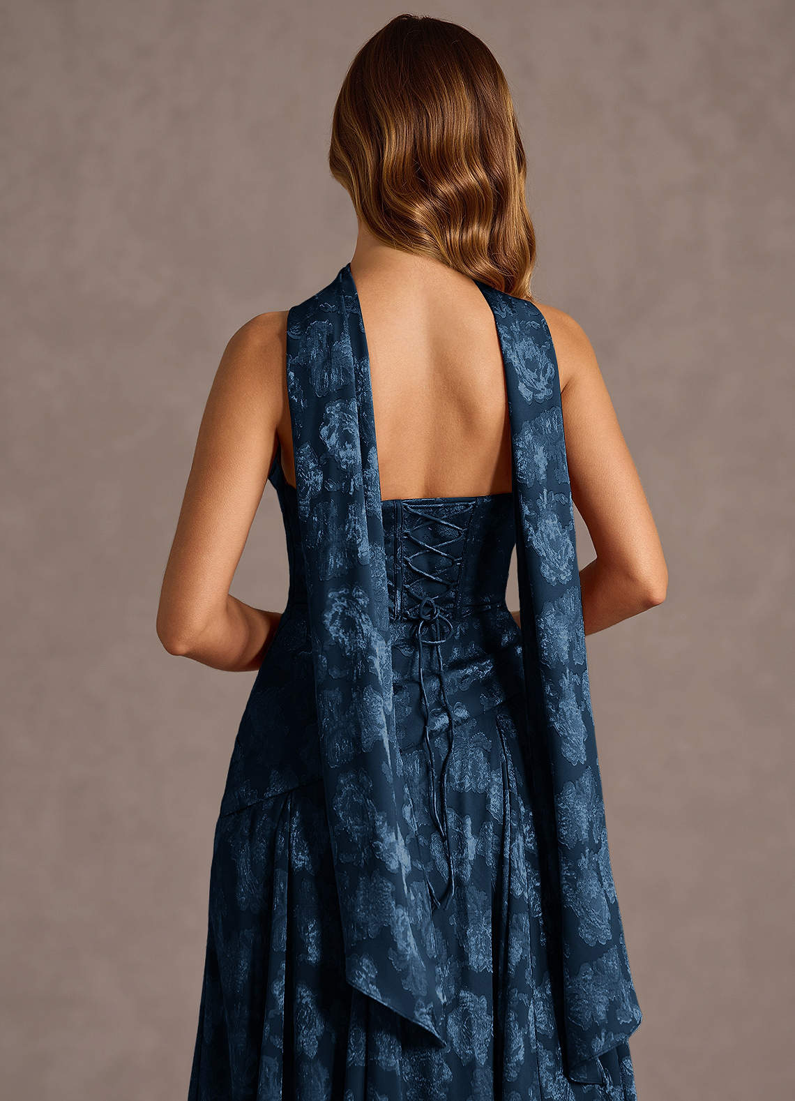 Gabriela A-Line Corset Fil Coupé Wedding Guest Dress in Navy