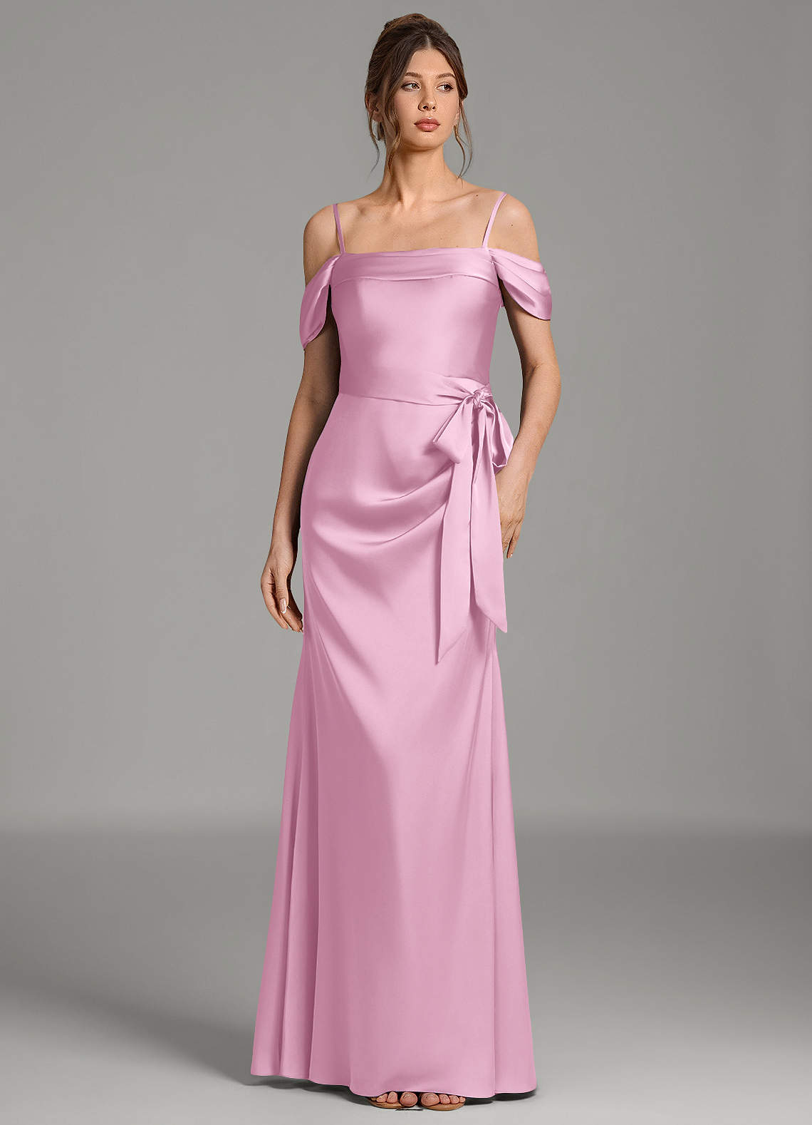 Wyatt Mermaid Off-the-Shoulder Stretch Satin Bridesmaid Dress in candy pink