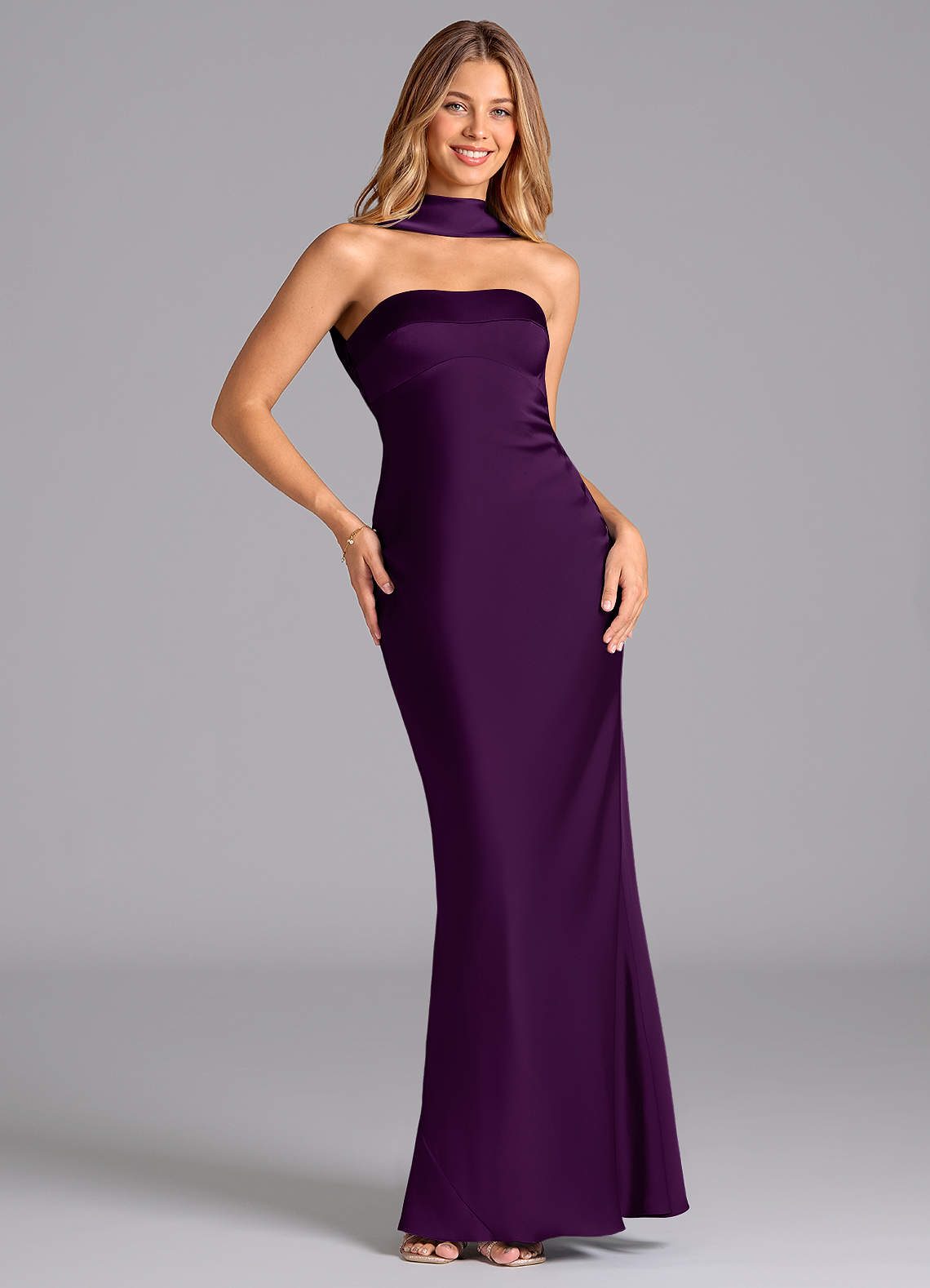Lusinda Mermaid Strapless Stretch Satin Bridesmaid Dress in Grape