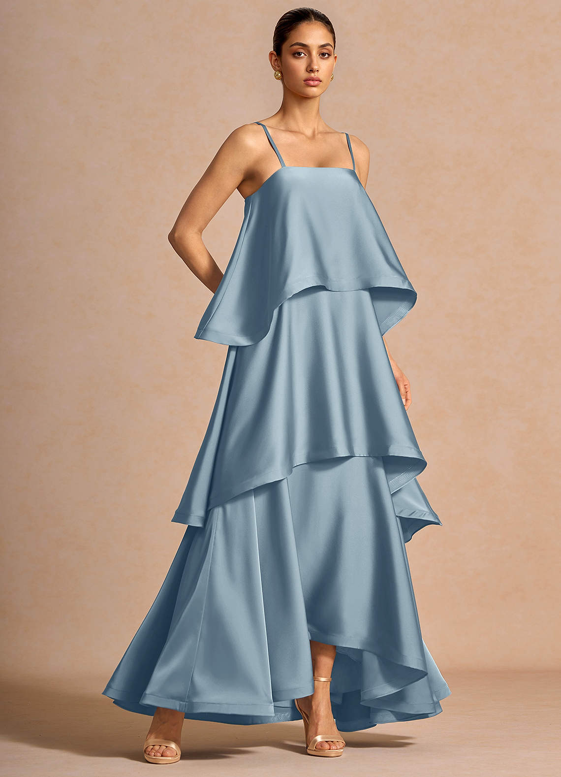 Itasca A-Line Tiered Stretch Satin Wedding Guest Dress in Lemon Green