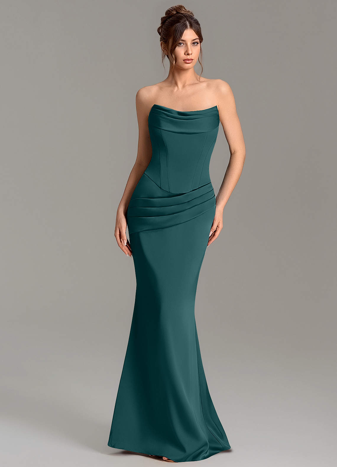Adrienne Mermaid Cowl-Neck Stretch Satin Bridesmaid Dress in Pine