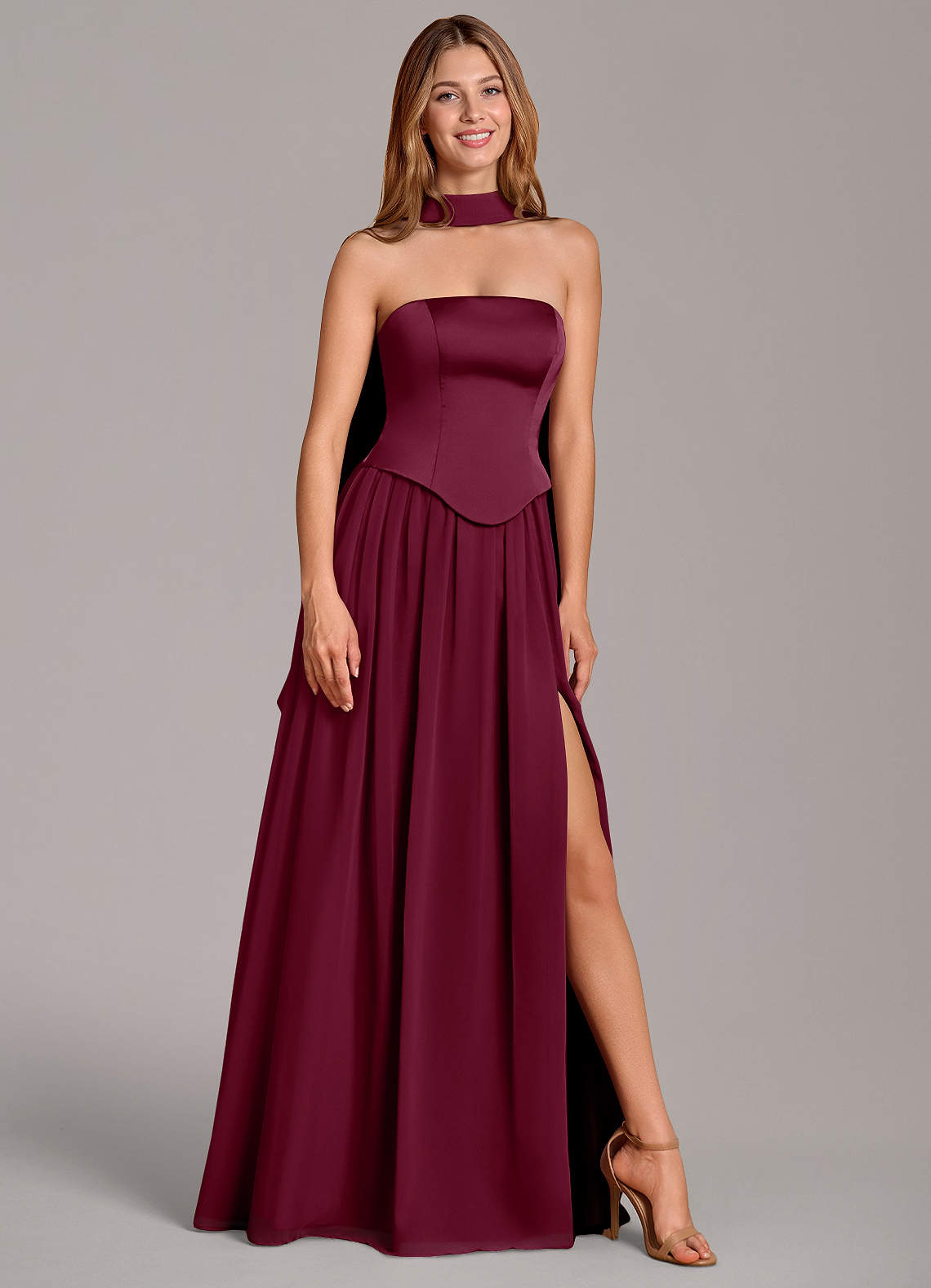 Cadence A-Line Strapless Chiffon and Stretch Satin Bridesmaid Dress in Mulberry