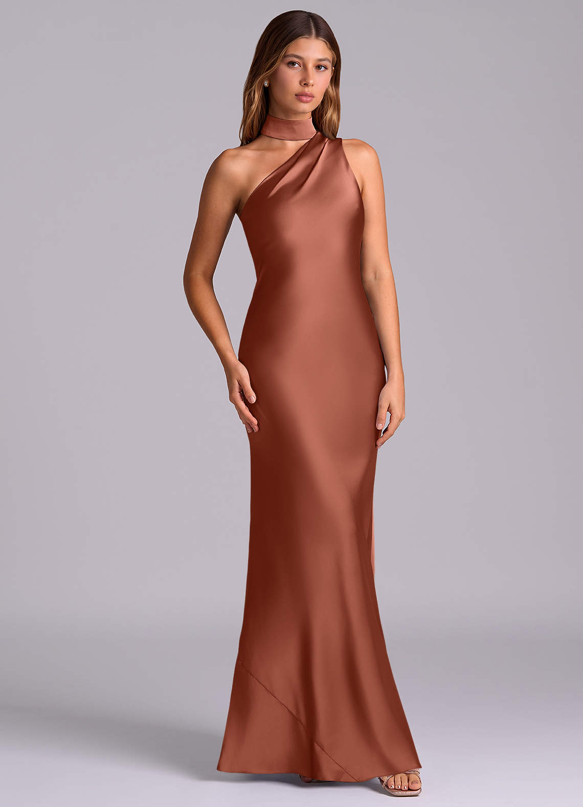 Seona Mermaid One-Shoulder Stretch Satin and Tulle Bridesmaid Dress in Auburn