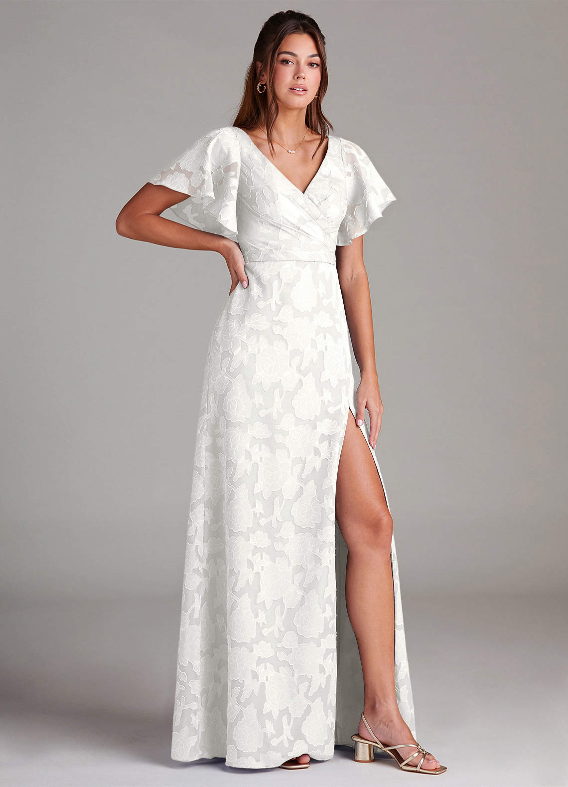Ambrosia A-Line V-Neck Floral Burnout Bridesmaid Dress in white