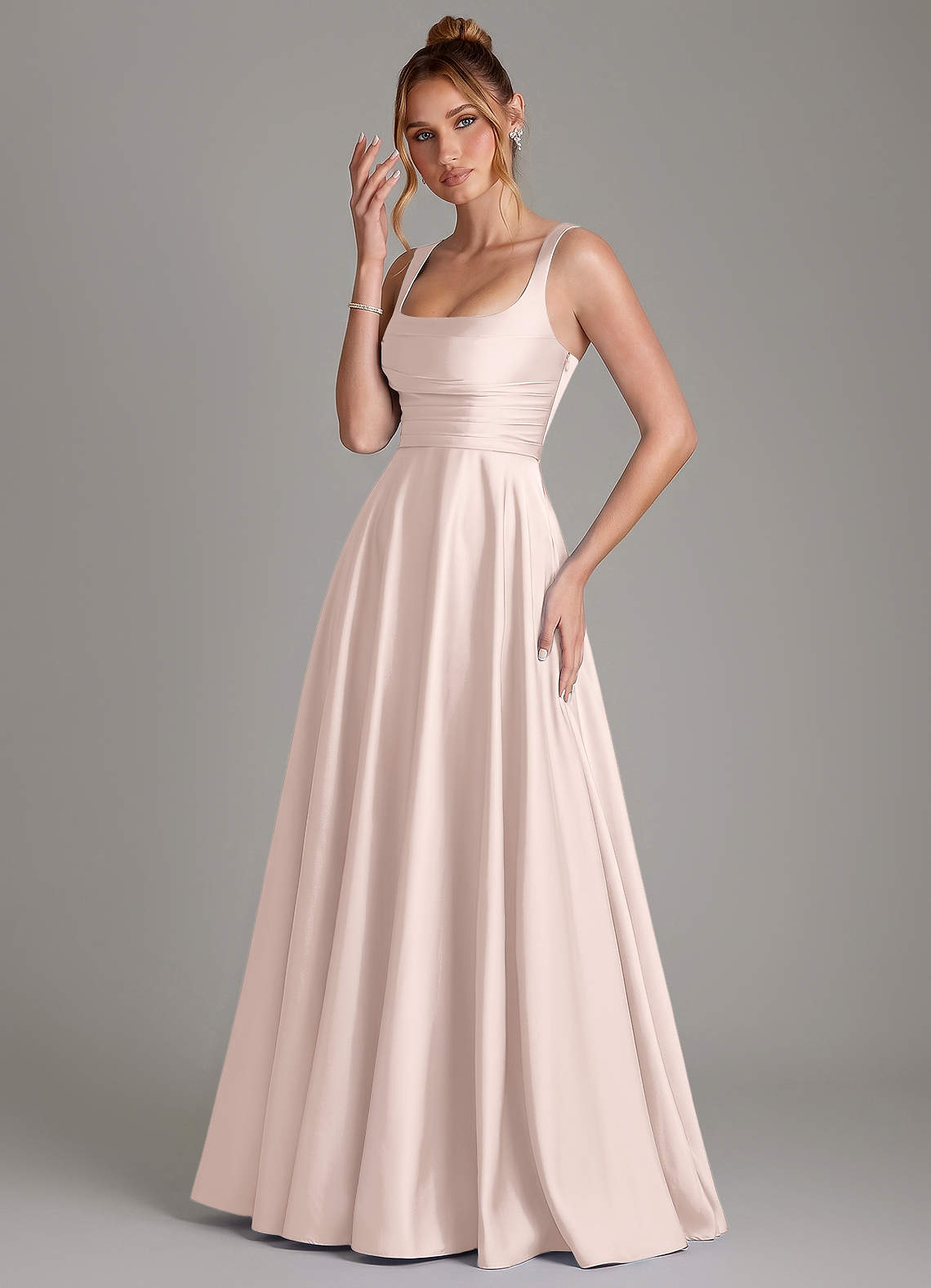 Azaria A-Line Square-Neck Stretch Satin Bridesmaid Dress in Blushing Pink