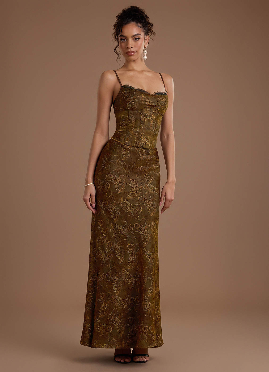 Reya Mermaid Scoop-Neck Brocade Wedding Guest Dress in Mocha Paisley