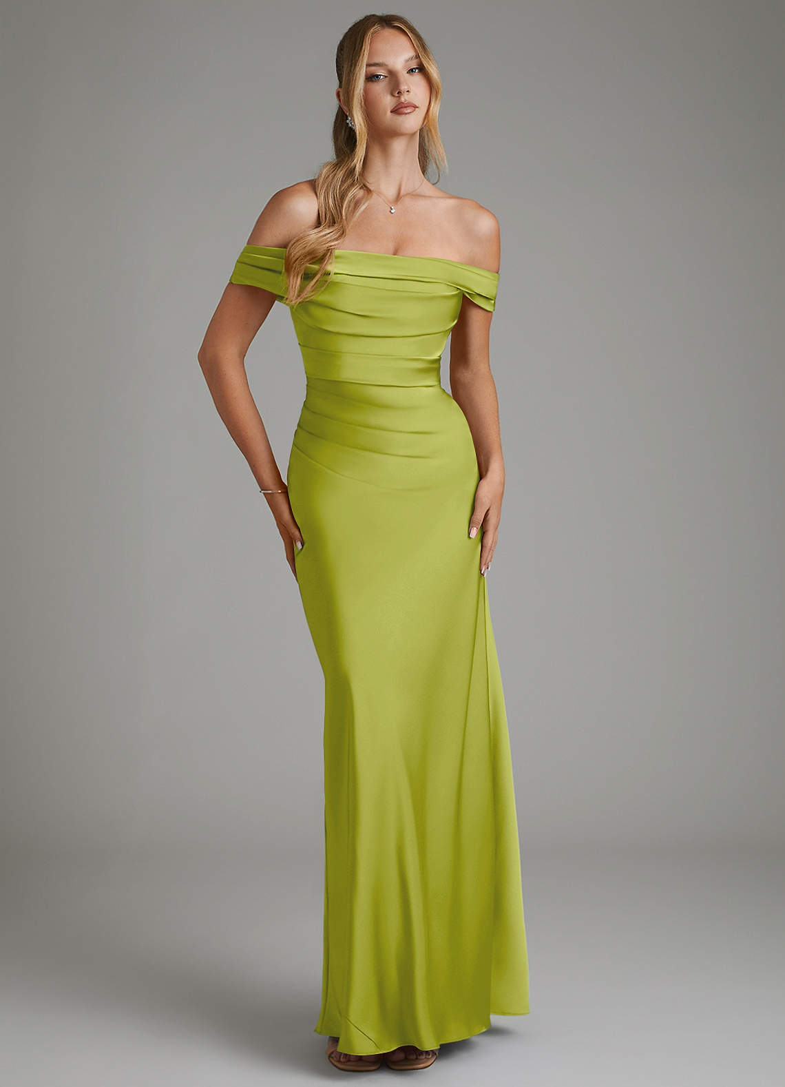 Hayden Mermaid Off-the-Shoulder Stretch Satin Bridesmaid Dress in Lemongrass