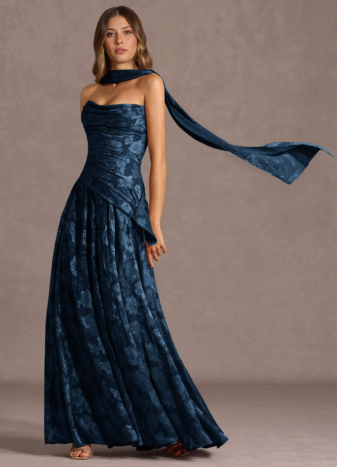 Gabriela A-Line Corset Fil Coupé Wedding Guest Dress in Navy