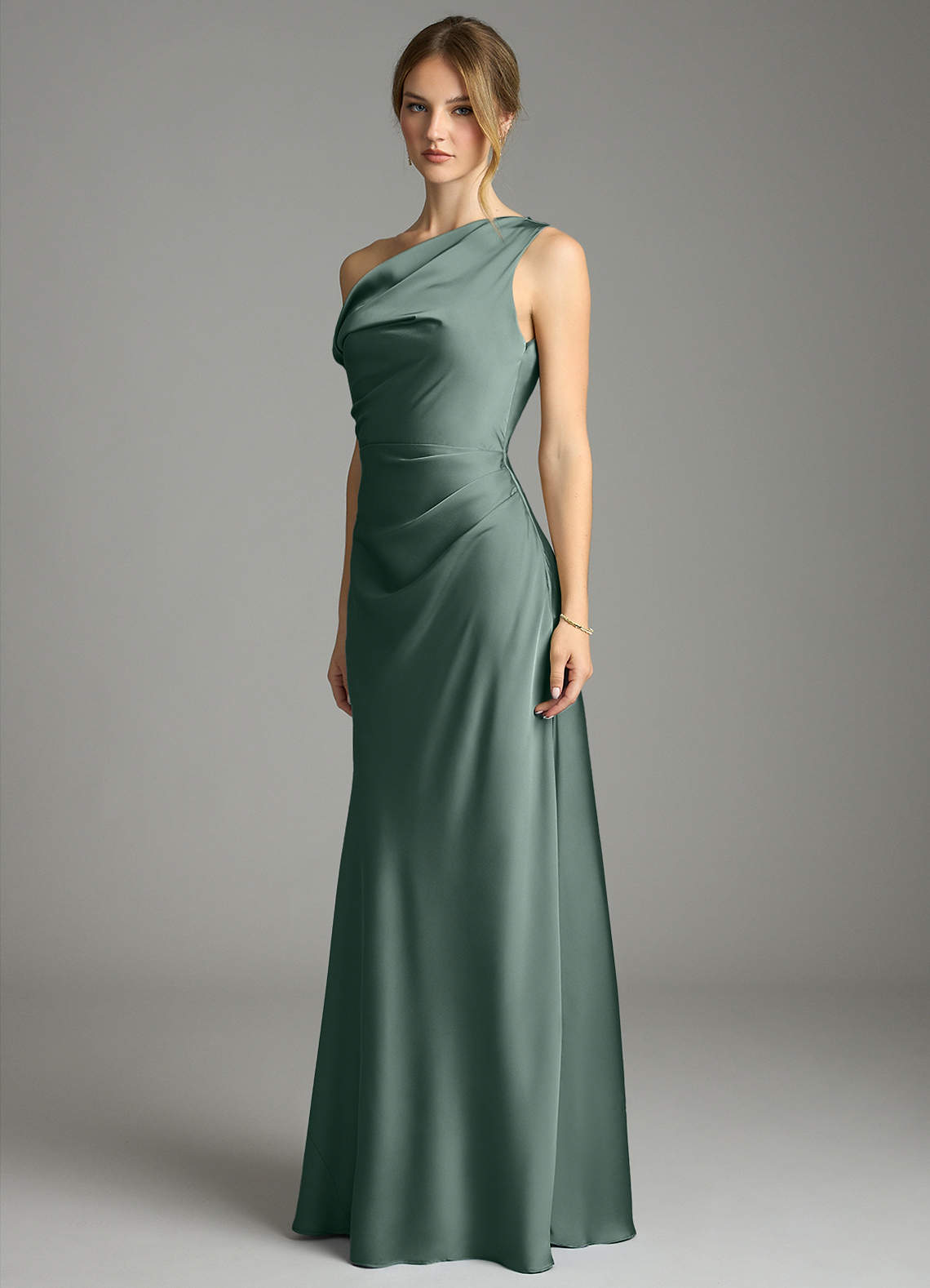 Emerson Mermaid One-Shoulder Stretch Satin Bridesmaid Dress in Sea Moss