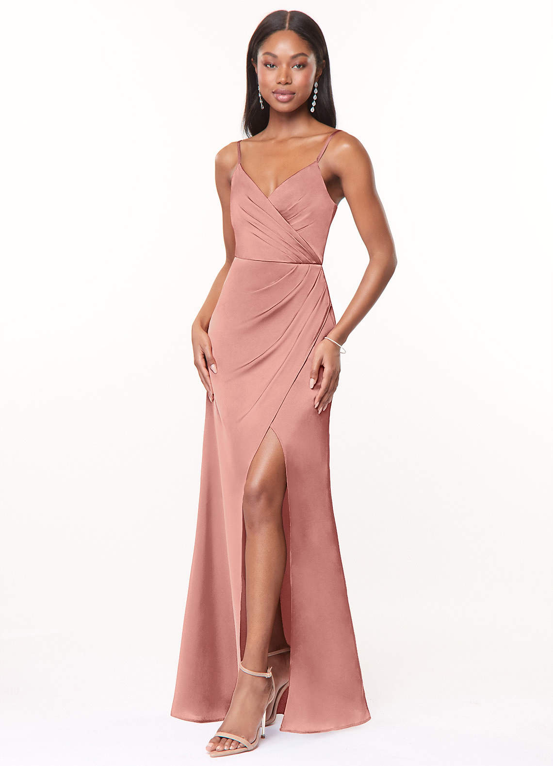 Maci A-Line V-Neck Stretch Satin Bridesmaid Dress in Rosette