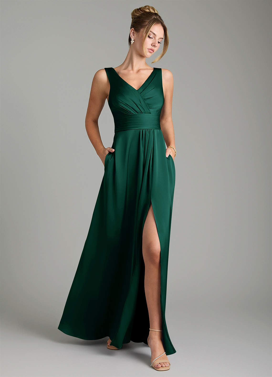 Karina A-Line V-Neck Stretch Satin Bridesmaid Dress in Emerald